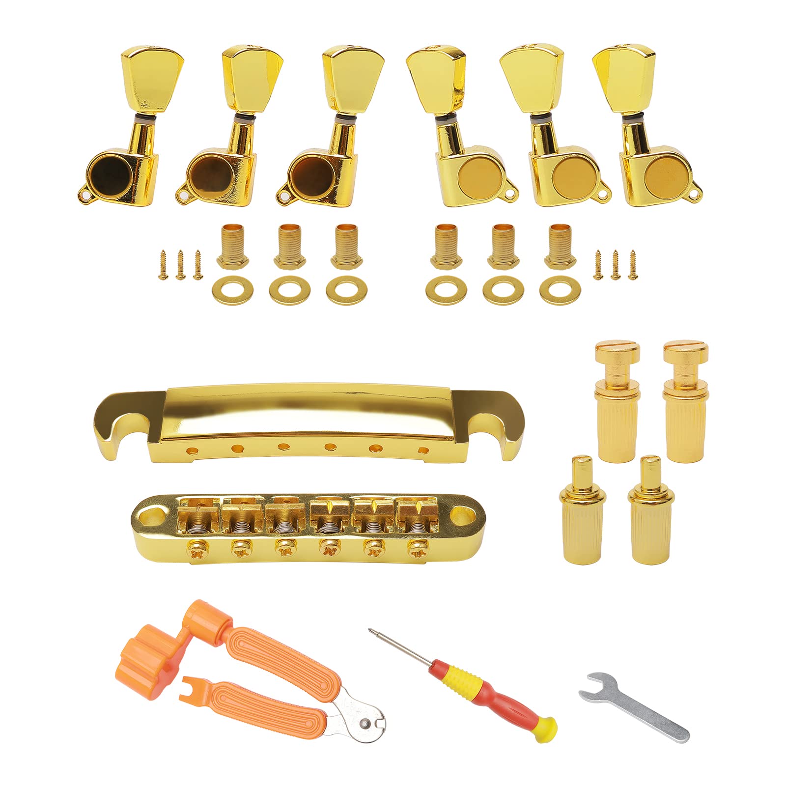 Unxuey Combo Kits Gold 6 String Guitar Saddle Bridge Tune O Matic Tailpiece And 3L3R Sealed Gear Tuning Pegs Keys Machine Head F