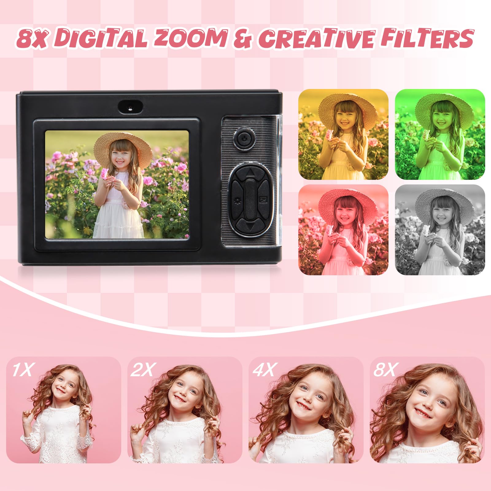 Digital Camera,Fhd 1080P Kids Camera With 32Gb Card,48Mp 8X Zoom Digital Point And Shoot Camera,Anti Shake,Front Camera,Lanyard,