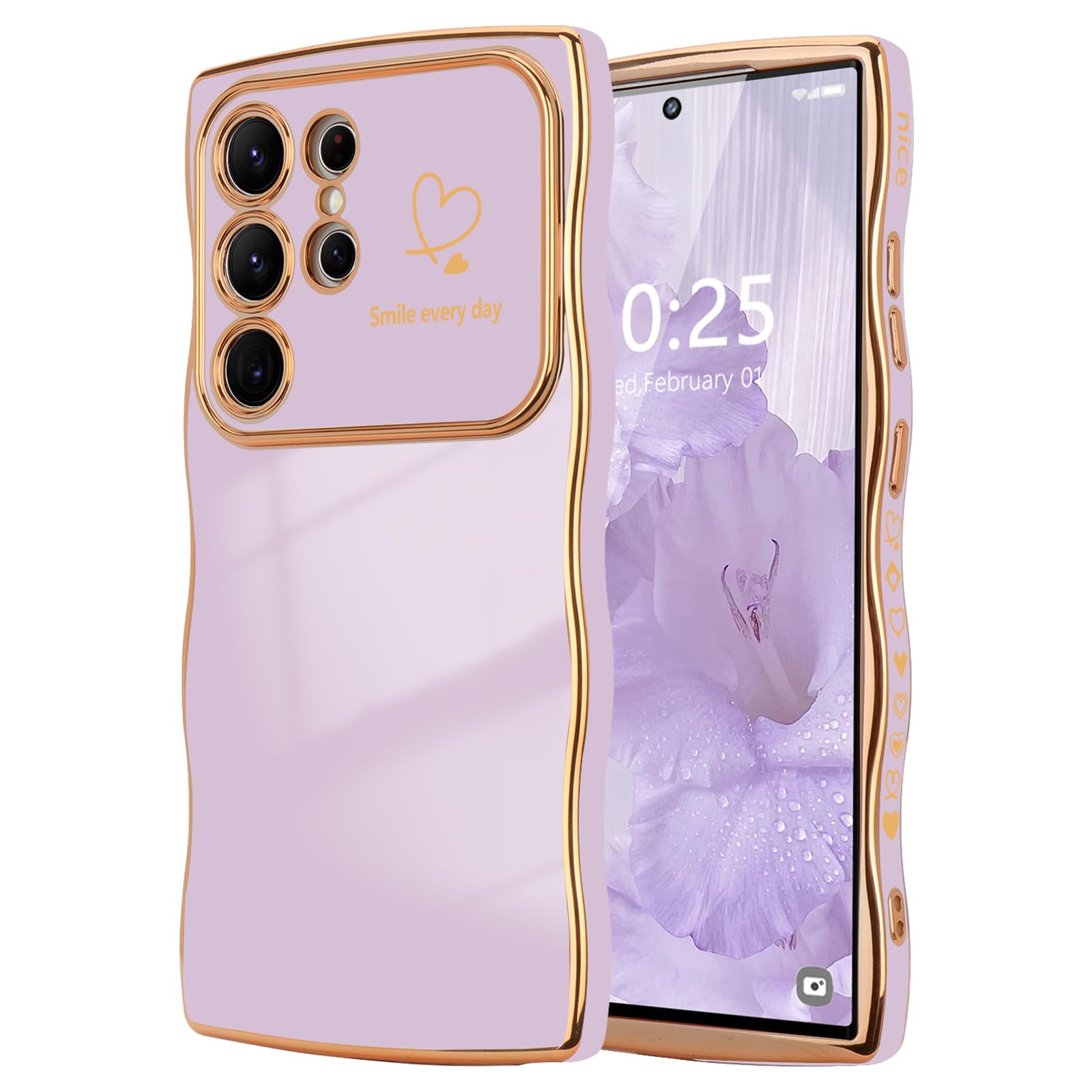 Lchulle For Samsung Galaxy S23 Ultra Case For Women Girls, Cute Wave Frame Curly Shape With Love Heart Camera Protection Luxury