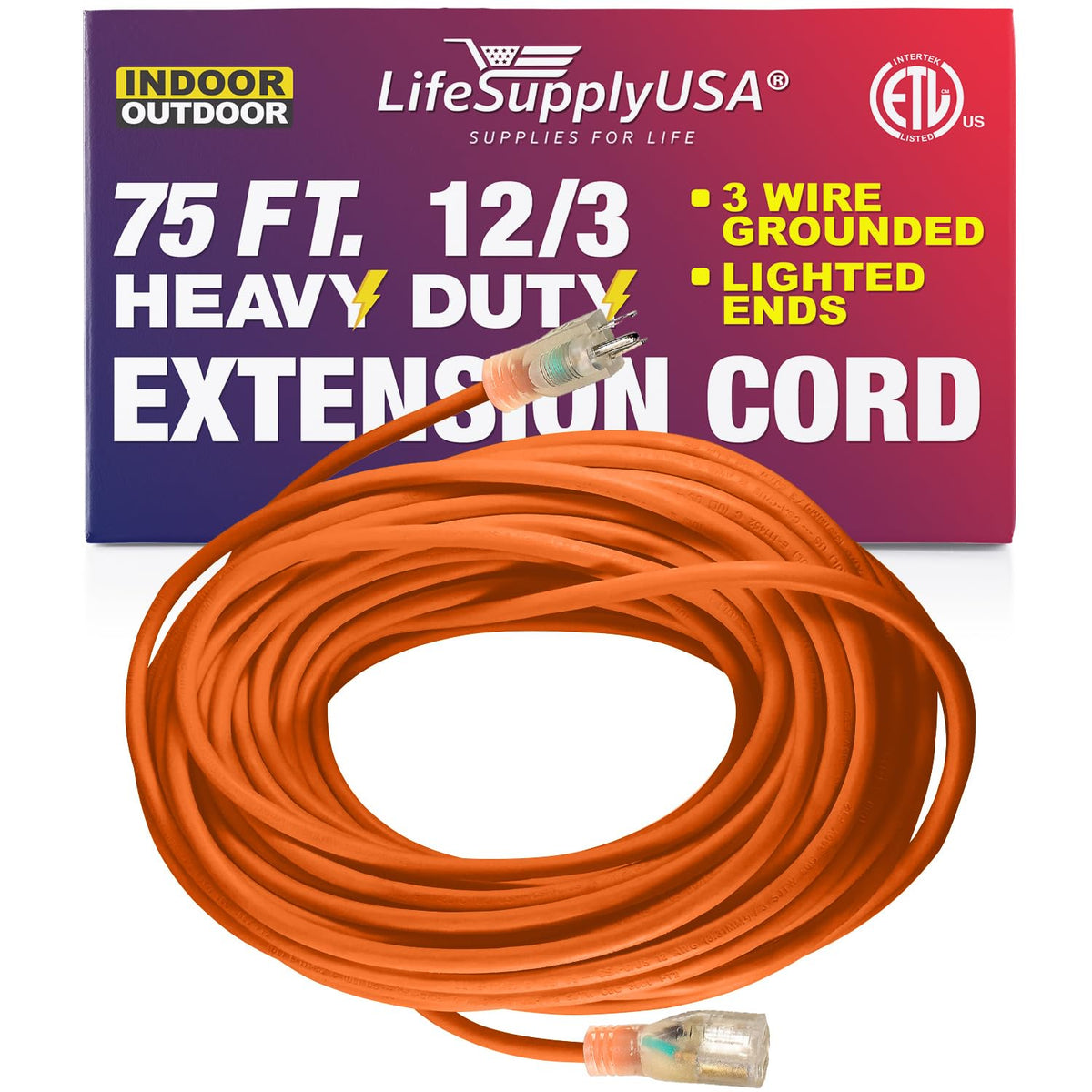75 Ft Power Extension Cord Outdoor & Indoor Heavy Duty 12 Gauge/3 Prong Sjtw (Orange) Lighted End Extra Durability 15 Amp 125 Vo