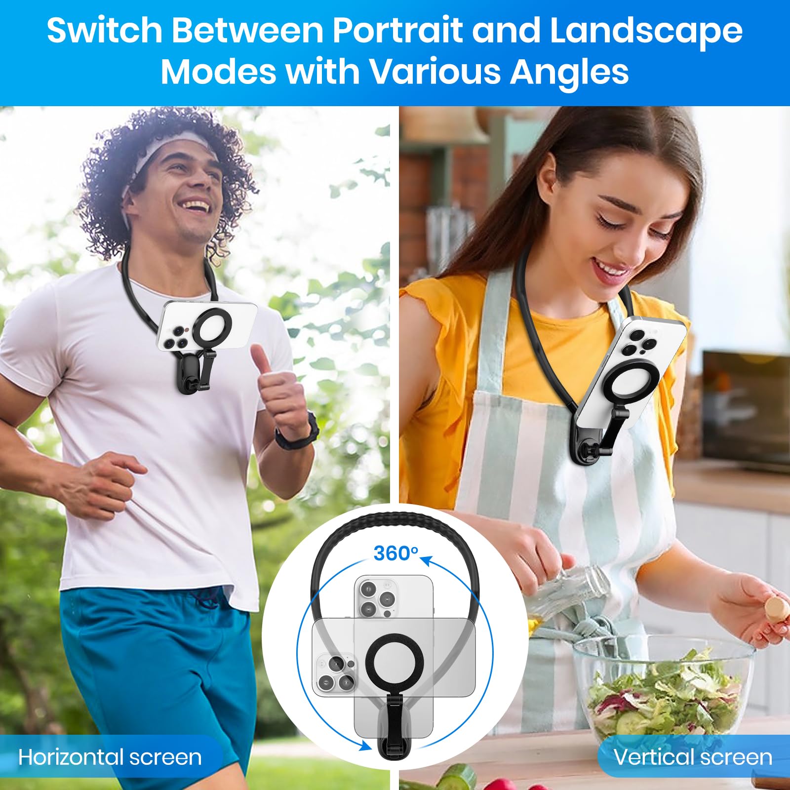 Keweis Magnetic Neck Phone Holder Cell Phones Mount, Hand Free Pov/Vlog Flexible Phone Neck Holder Around Chest Stand Video Reco