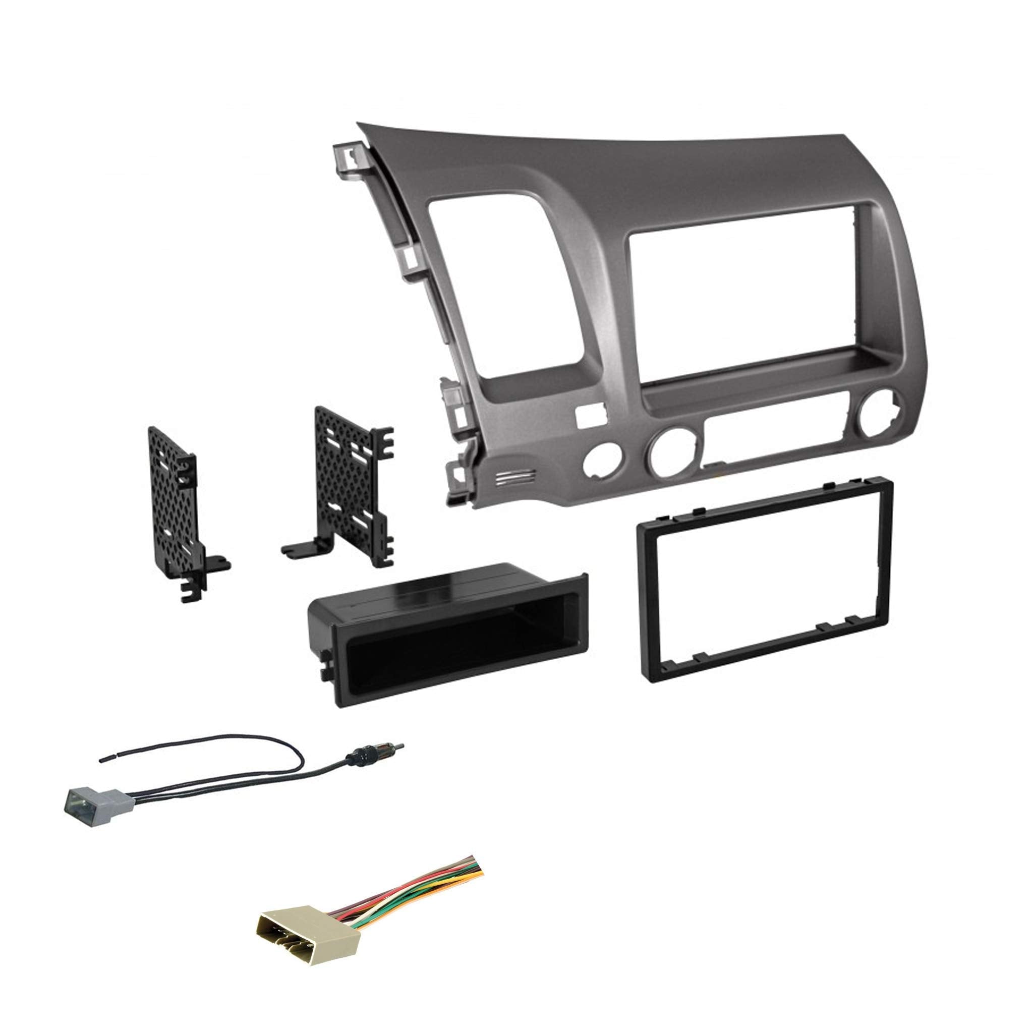 Metallic Taupe Double Din Dash Kit For 2006 2011 Civic With Antenna Adapter & Harness, Compatible With All Trim Levels