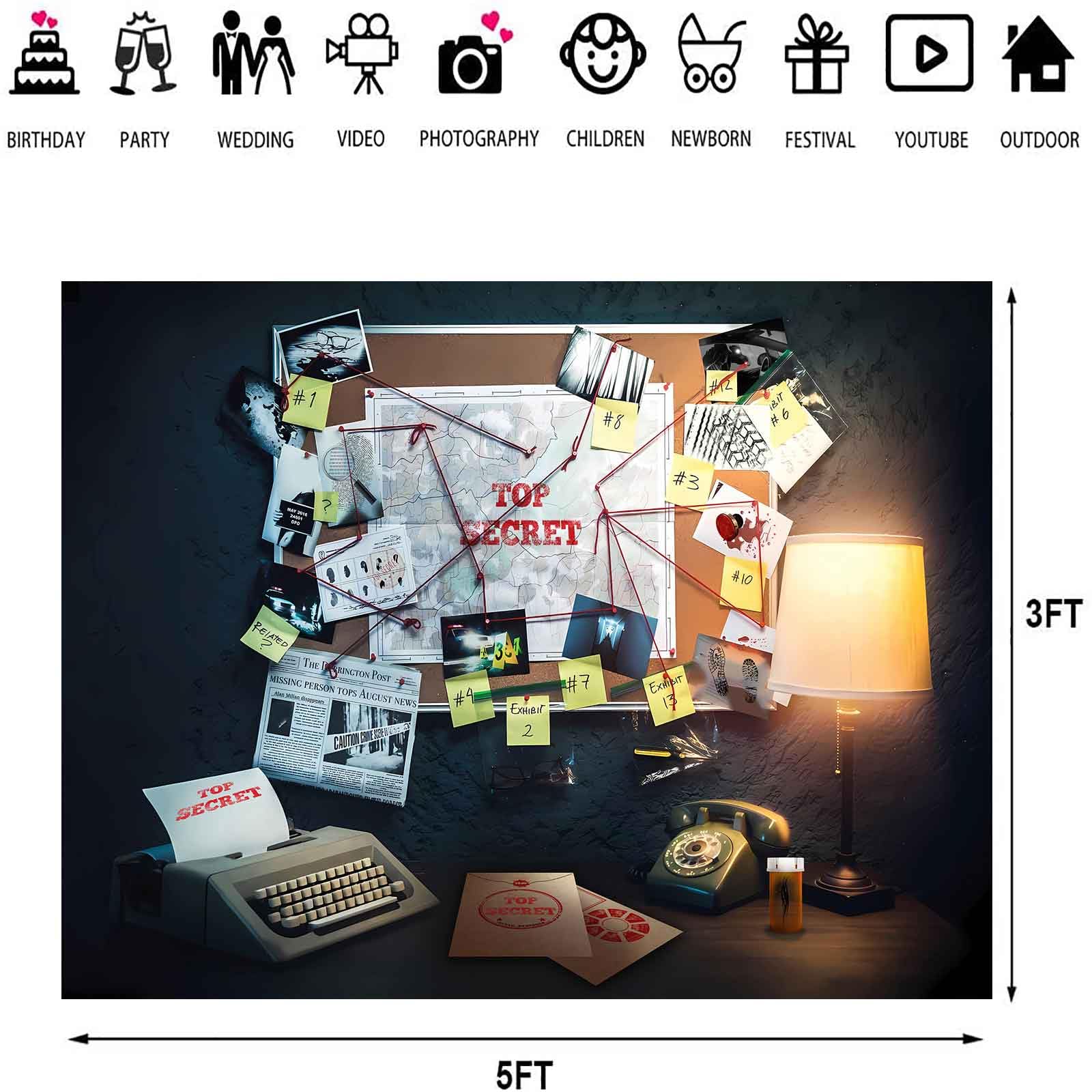 Emdspr Detective Backdrop, 5X3Ft Agent Spy Theme Top Secret Police Office Investigation Photography Background Crime Clue Eviden