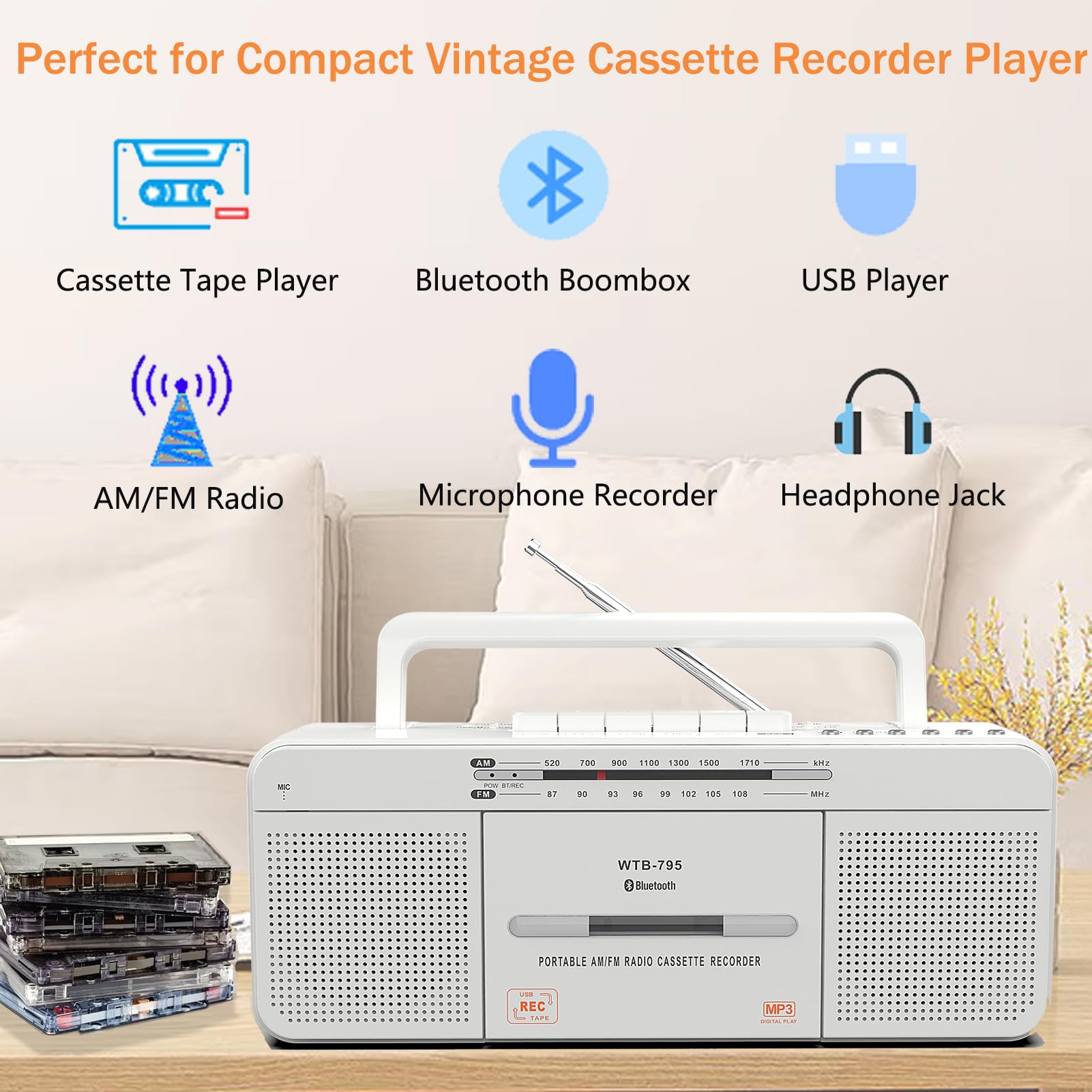 Cassette Player Recorder, Cassette Tape Player With Bluetooth, Usb, Cassette Recorder To Mp3 Converter,Am/Fm Radio Stereo,Microp