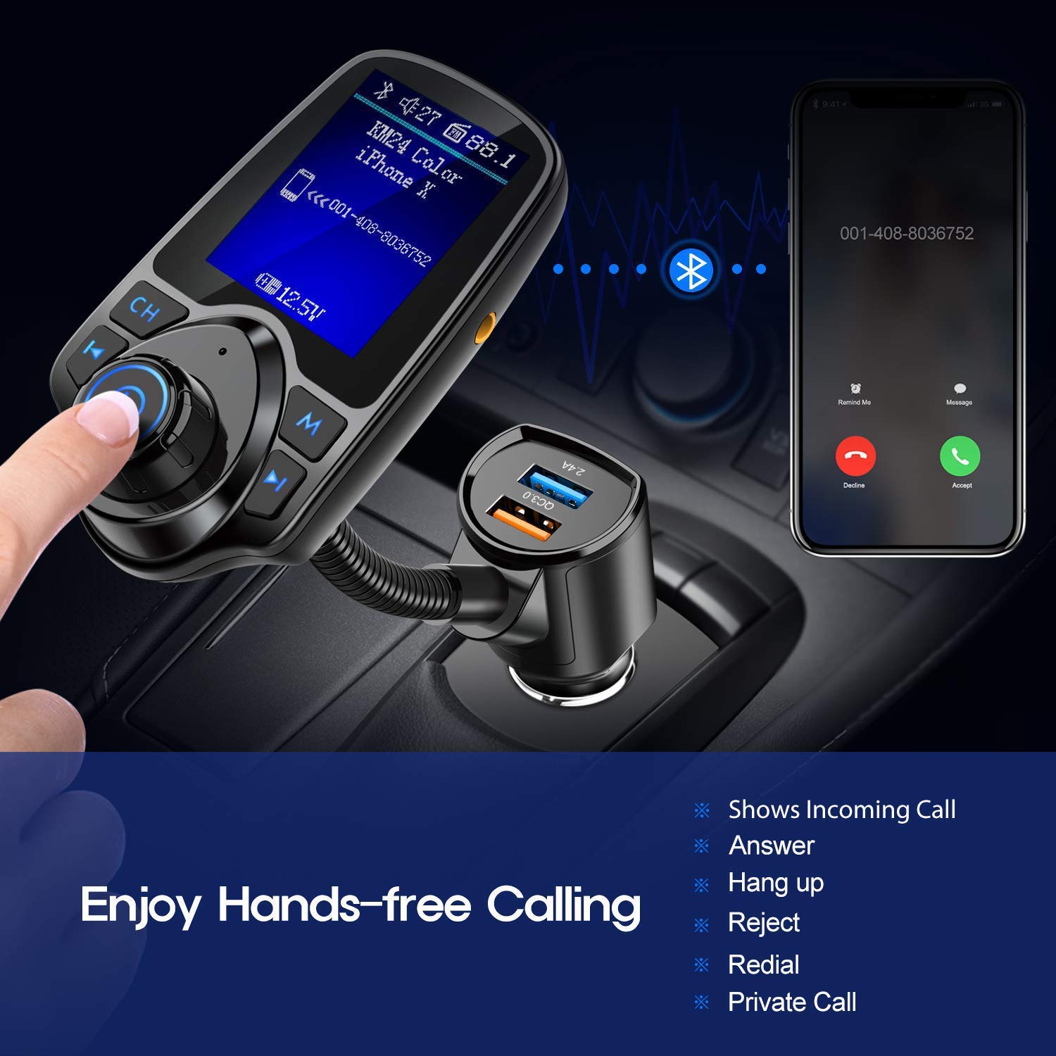 Nulaxy Wireless In Car Bluetooth Fm Transmitter Radio Adapter Car Kit W 1.8 Inch Display Supports Tf Sd Card And Usb Car Charger For All Smartphones Audio Players Km18 Color