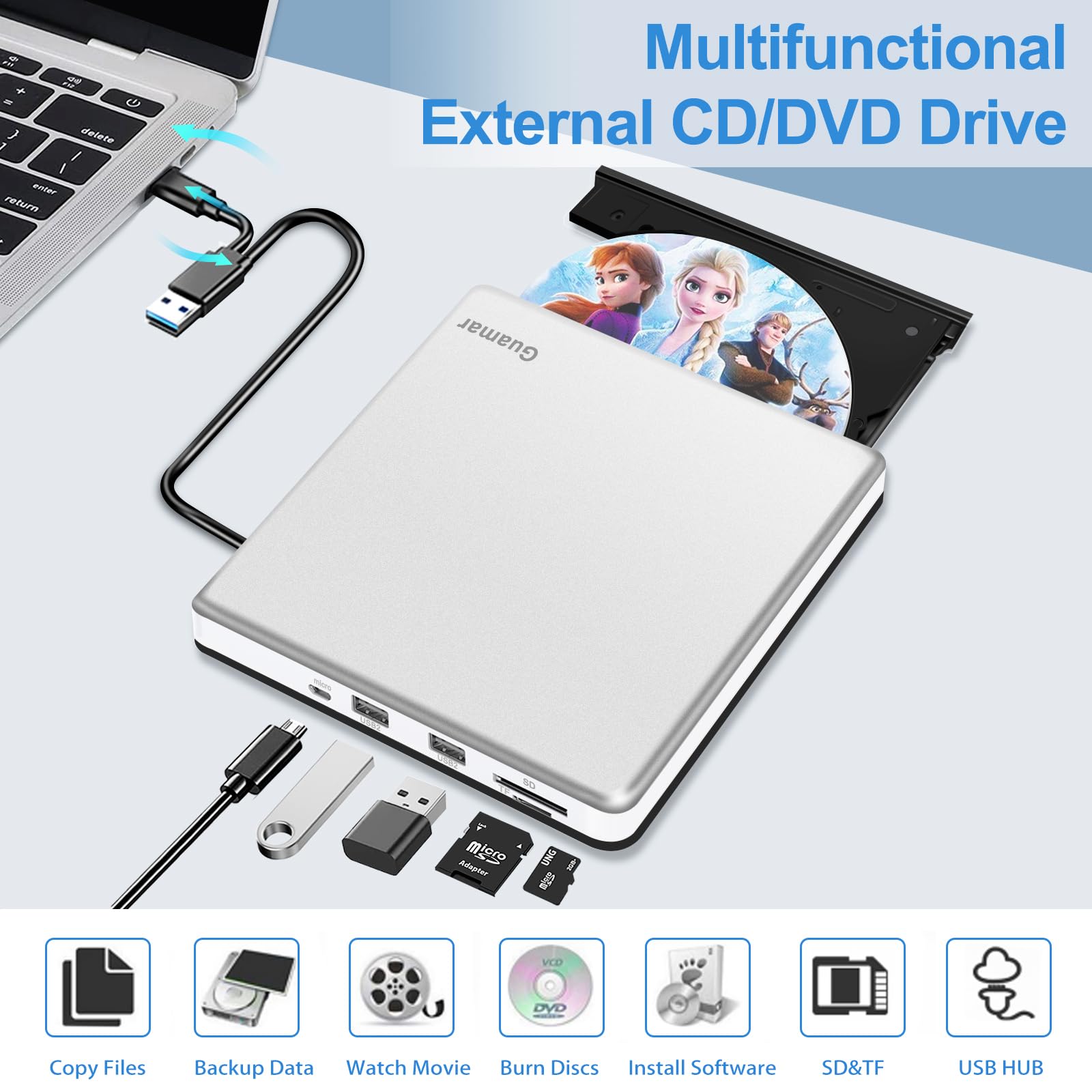 Guamar External Cd Dvd Drive, Usb 3.0 Usb C Cd/Dvd +/ Rw Burner Cd Rom Reader Writer With 2 Usb & Sd/Tf Slot, Portable Optical D