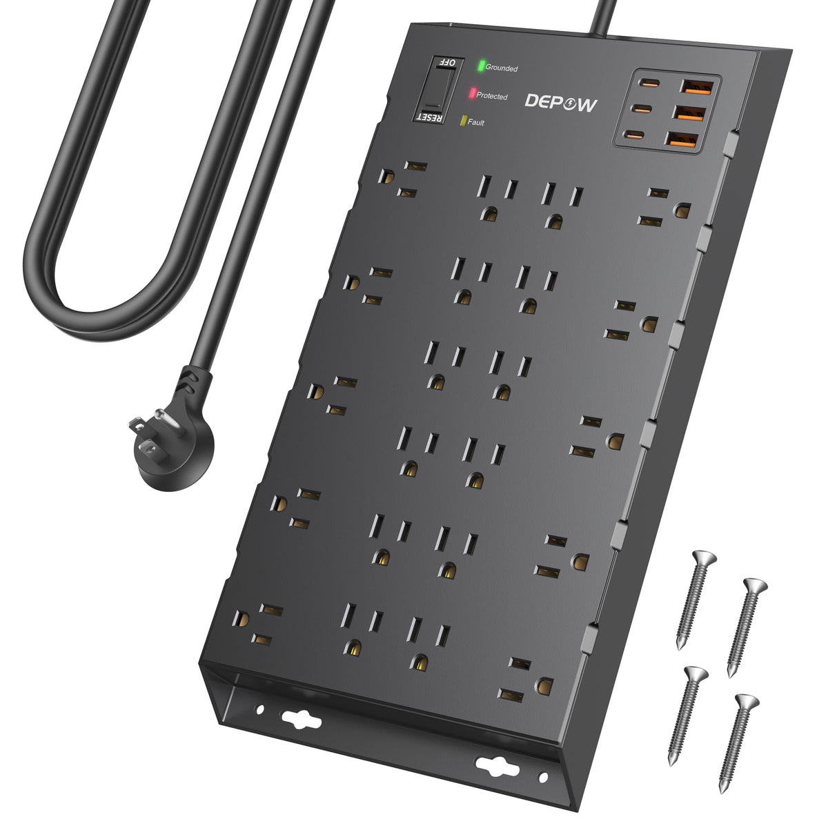 Depow Surge Protector Power Strip, 6.5Ft Long Flat Plug Extension Cord With 22 Ac Outlets (1875W/15A), 6Usbs (3 Usb C Ports), 21