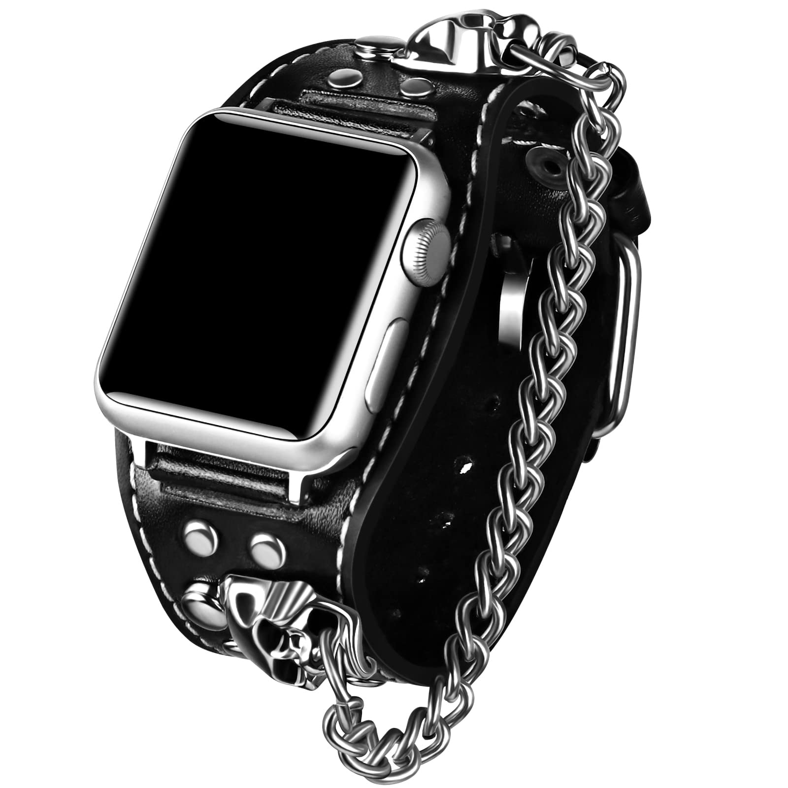 Viqiv Black Leather Skull Cuff Bracelet Compatible With Apple Watch Band Ultra 49Mm 44Mm 45Mm 42Mm 41Mm 40Mm 38Mm Series 8 7 6 5