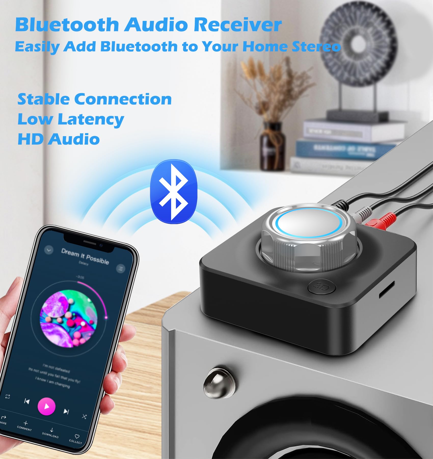 Kaiy Bluetooth Receiver For Home Stereo, Rca To Bluetooth Adapter Hifi Music Adapter With 3D Surround Low Latency, Bluetooth Aux