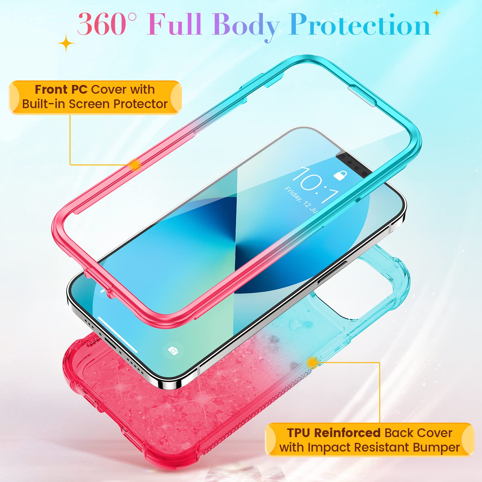 Ruky For Iphone 13 Glitter Case & Iphone 14 Glitter Case, Full Body Rugged Cover With Built In Screen Protector Shockproof Prote