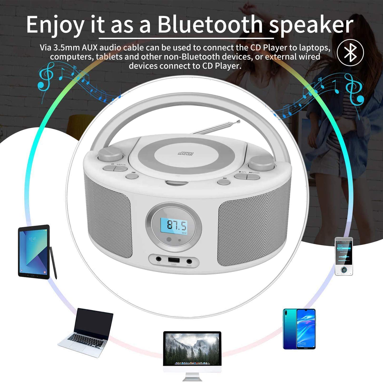 Cd Radio Portable Cd Player Boombox With Bluetooth,Fm Radio,Remote Control,Usb Input And 3.5Mm Aux Headphone Jack,Cd R/Cd Rw/Mp3