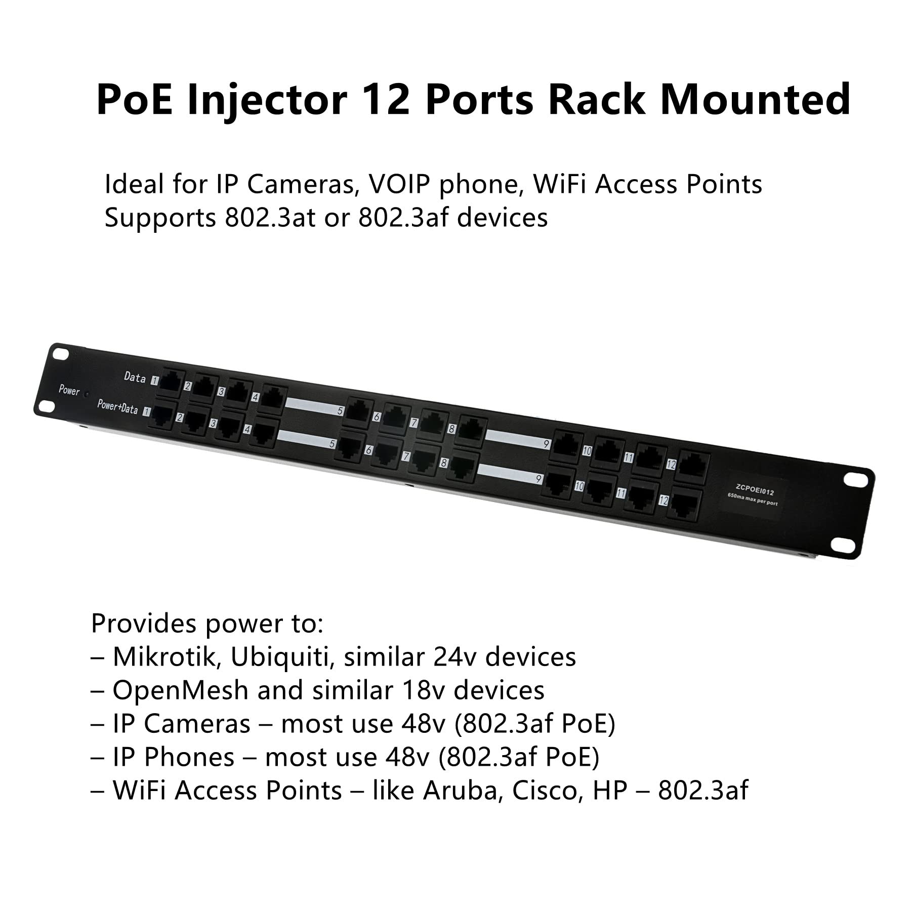 Poe Texas 12 Port 10/100 Mode B Rack Mount Passive Poe Injector With 48 Volt 60 Watt Power Supply For 802.3Af Devices