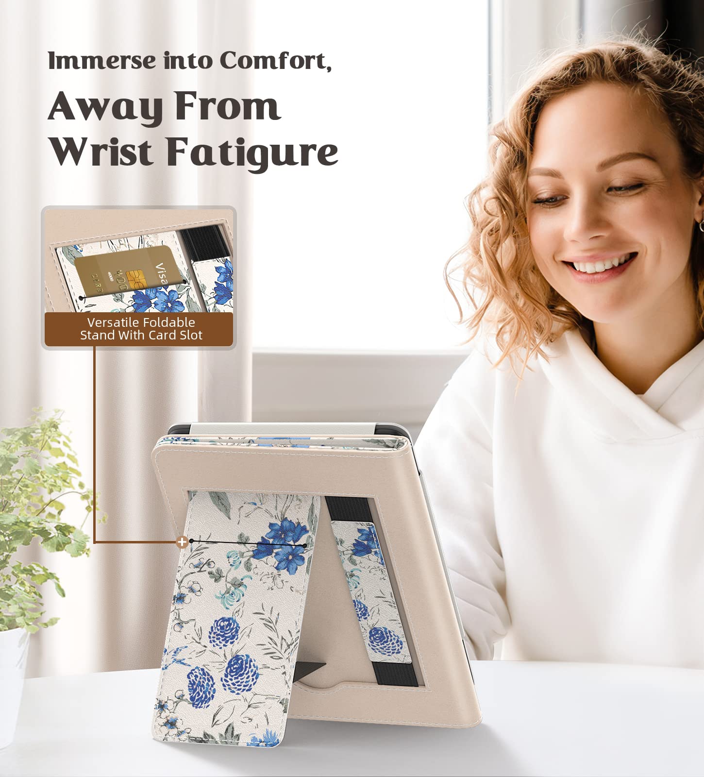 Moko Case For Kindle Paperwhite 11Th Generation 2021 Release, Slim Pu Shell Cover With Auto Wake/Sleep, Blue Flowers On White