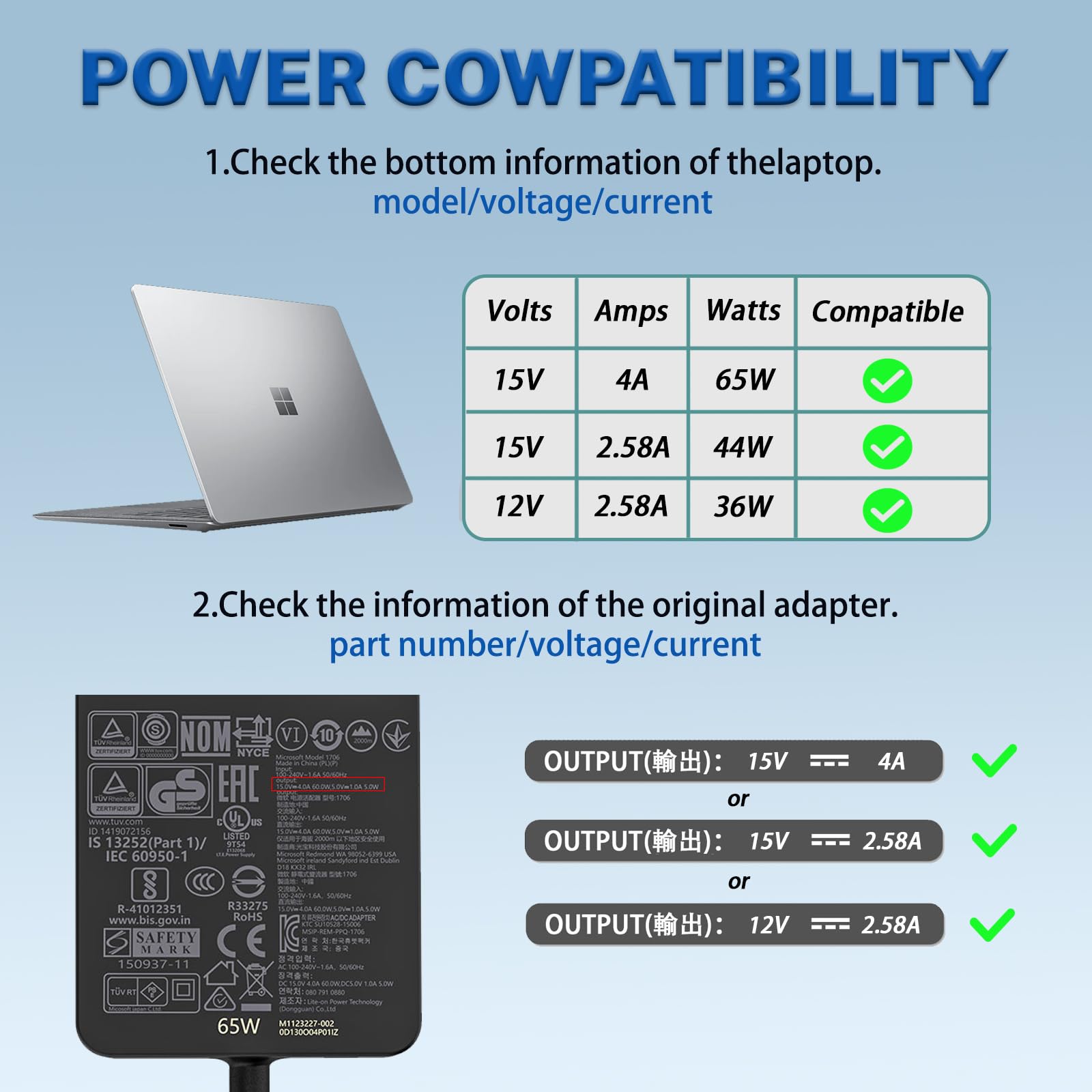 65W 1706 15V 4A Ac Power Charger Fit For Microsoft Surface Pro X/9/8/7/6/5/4/3, Surface Laptop/Tablet Laptop Adapter Cord Compat