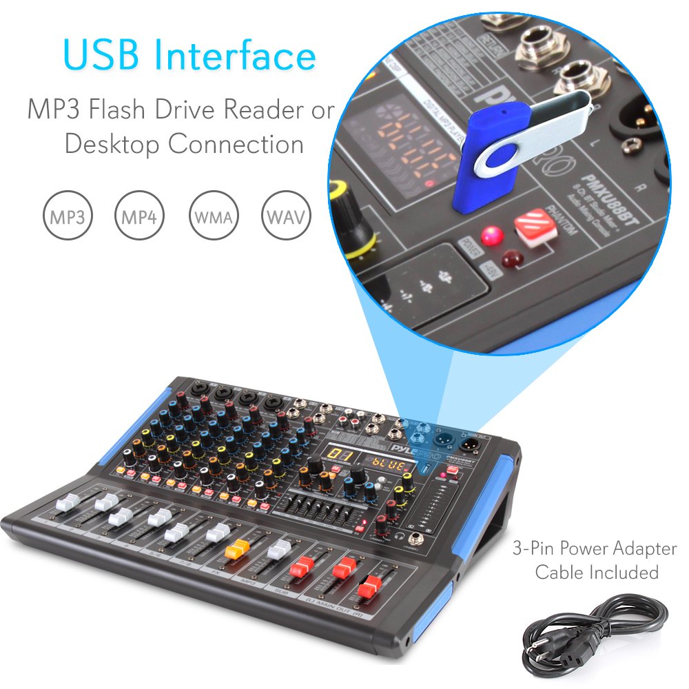 Pyle 8-Channel Bluetooth Studio Audio Mixer- Dj Sound Controller Interface W/ Usb Drive For Pc Recording Input, Xlr Microphone J
