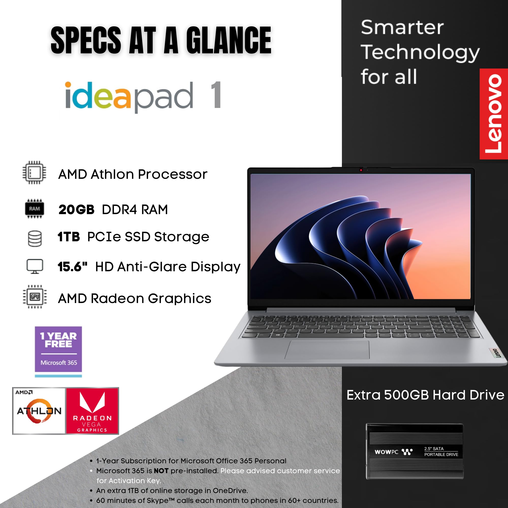 Lenovo Ideapad, 20Gb Ram, 1Tb Ssd, Amd Dual Core Processor, 15.6 Inch Hd Anti Glare Display, Long Battery Life Up To 9.5Hr, Hdmi
