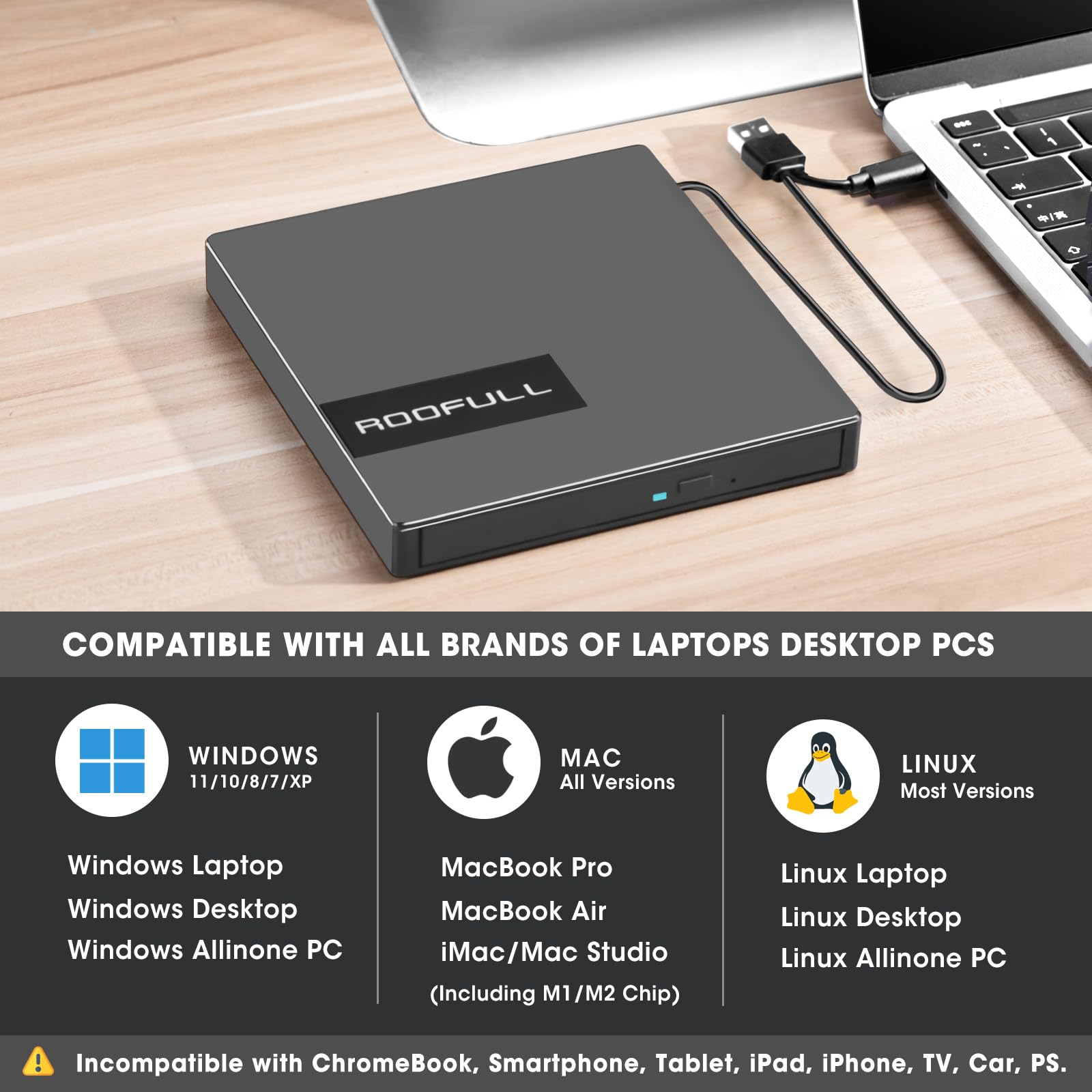 Roofull External Cd Dvd Drive Usb 3.0 Usb C With 4*Usb Ports And Sd/Tf Card Slot, Portable Cd Dvd Player Burner Optical Disc Rom