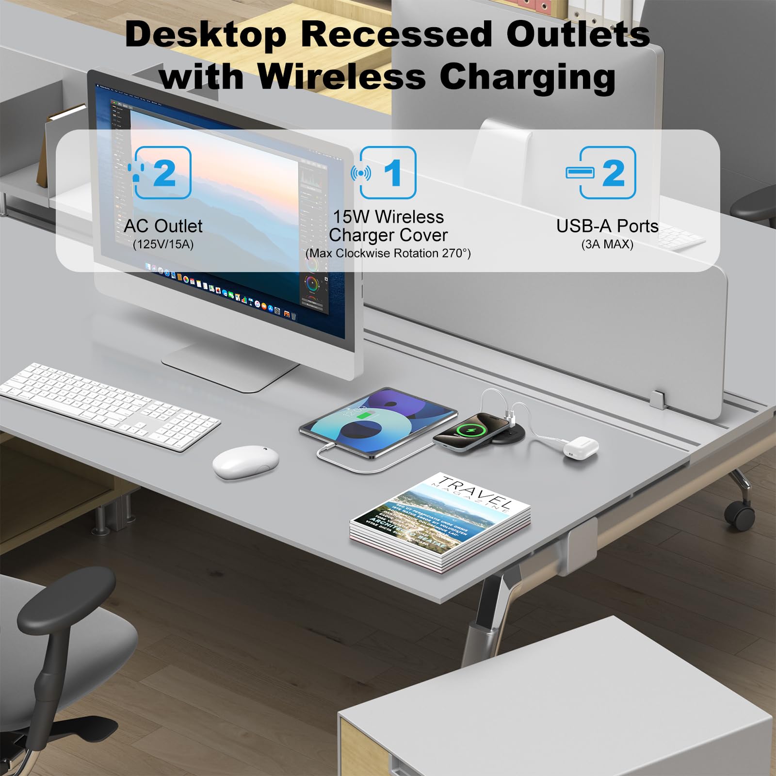 3 Inch Desk Hole Recessed Power Grommet With 15W Wireless Charger Cover, 2 Usb A Countertop Grommet Mount Power Outlet, With Ac
