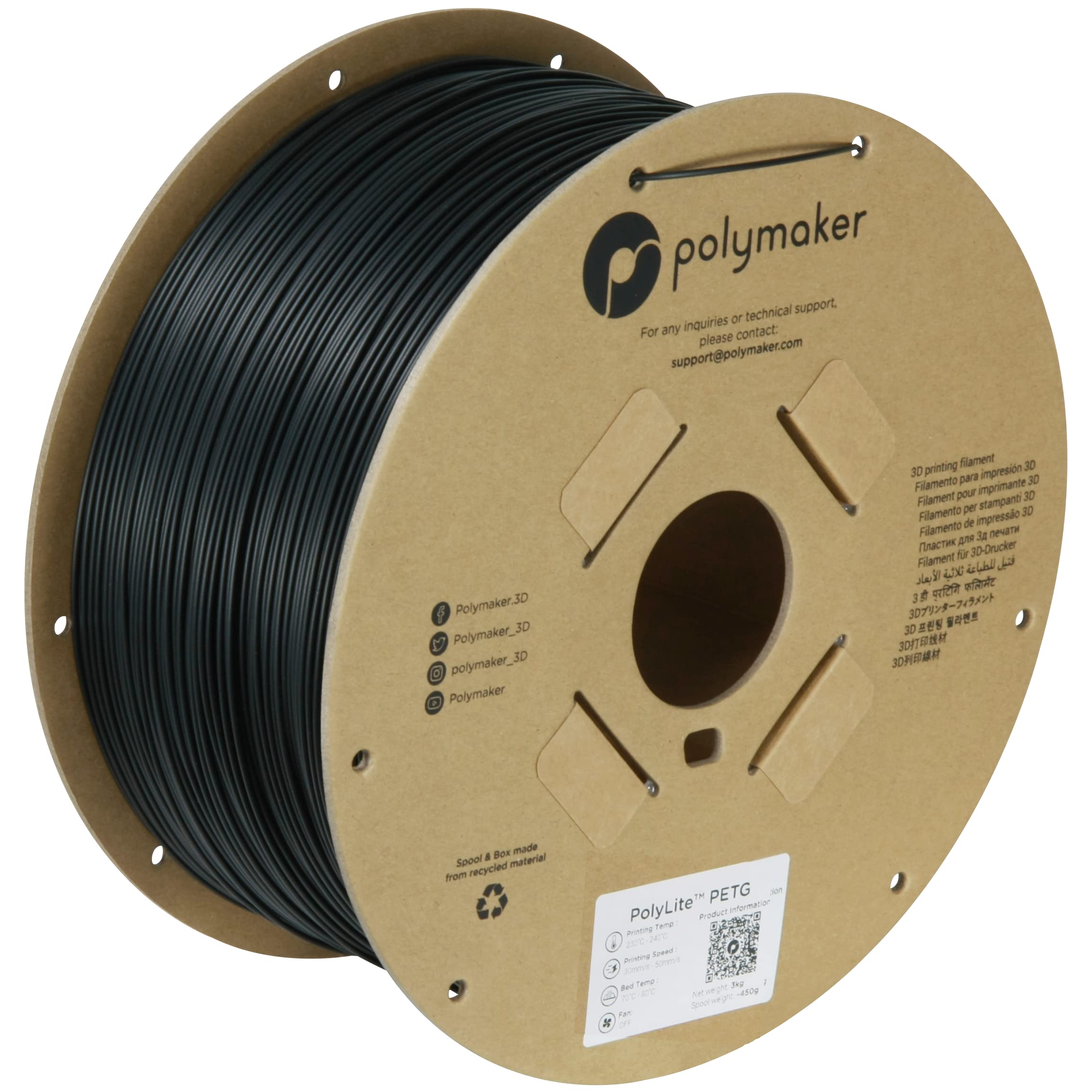Polymaker PETG Filament 1.75mm 3kg Black 3D Printer Filament, PolyLite PETG 3D Printing Filament 1.75mm, Dimensional Accuracy +/