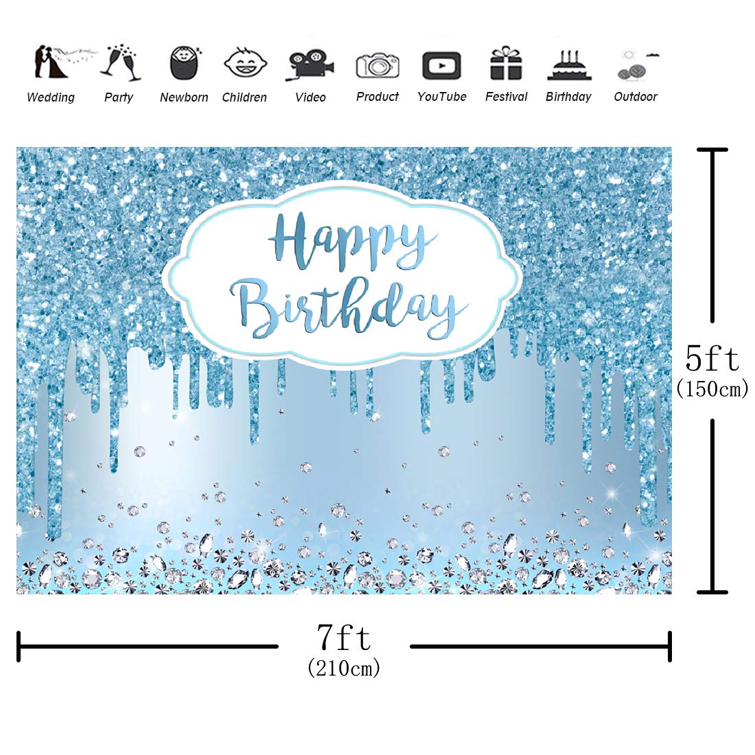 Aperturee 7X5Ft Blue Happy Birthday Backdrop Glitter Diamonds Girls Sweet 16 18Th 21St 30Th 40Th 50Th Women Photography Background Banner Supplies Photo Booth Studio Props Party Decoration Cake Table