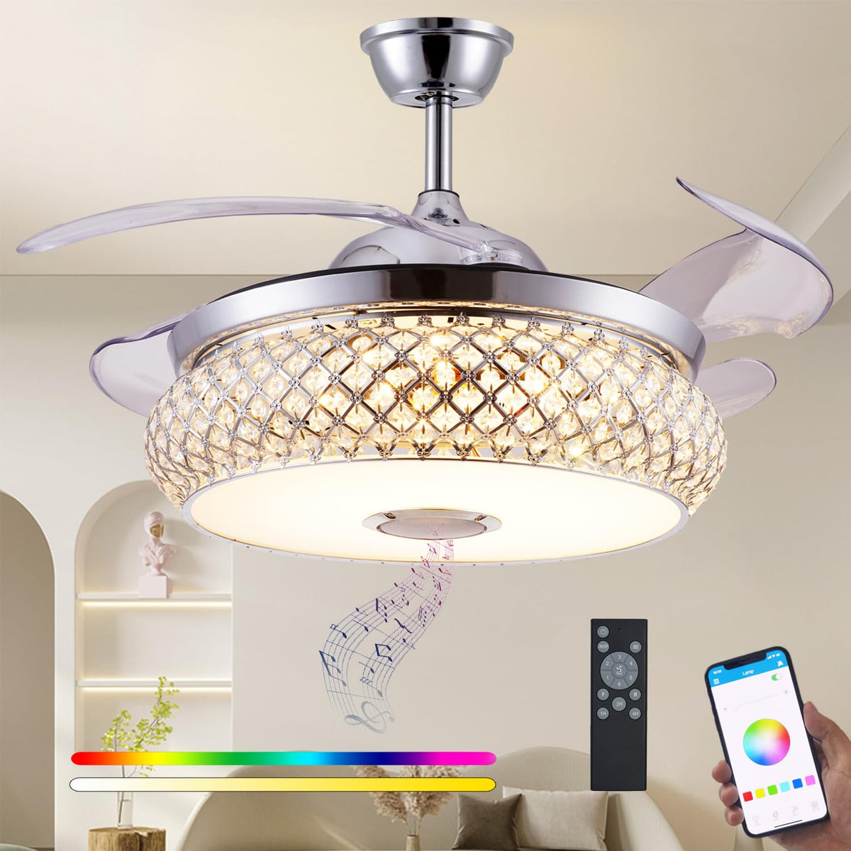 Dfl 48'' Retractable Bluetooth Ceiling Fan With Speaker, Ceiling Fan Chandelier With Bluetooth Speaker Rgb Color Changing,6 Spee
