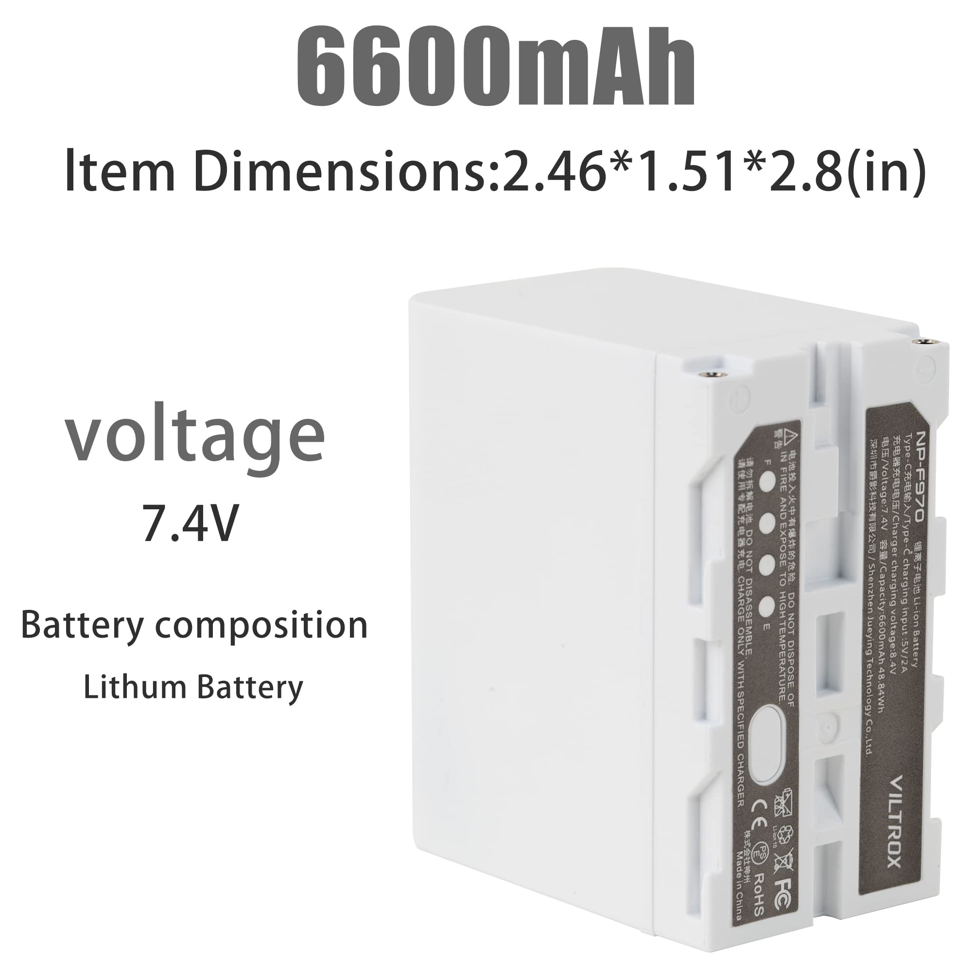 Viltrox Np F970 Battery 7.4V 6600Mah 48.84Wh, Np F970 Battery For Sony Camcorder For Ring Light And Video Light