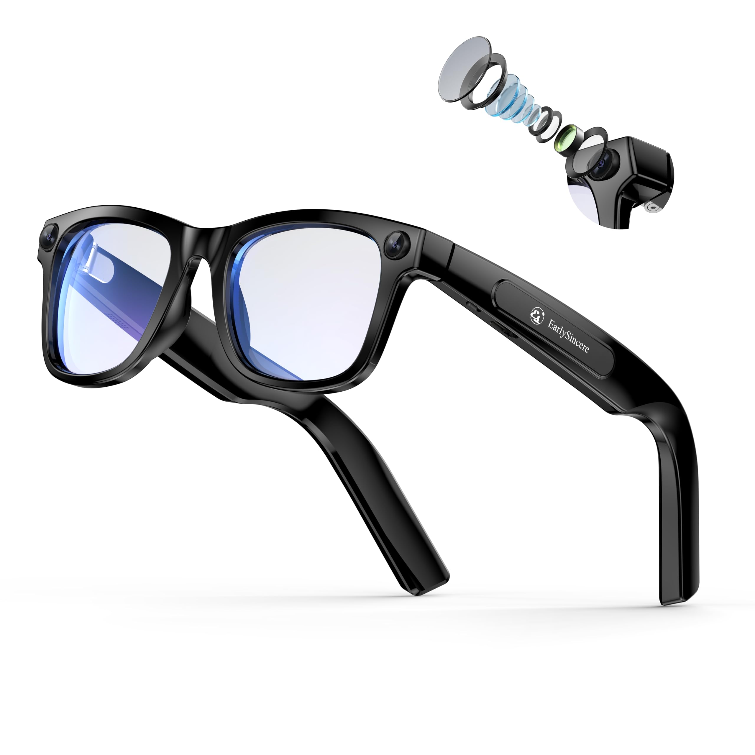 EarlySincere 2026 Ai Smart Glasses for Men Women, 8mp 4k Hd Camera Glasses, 410mah Battery, Supports Photo/Video/Audio Recording