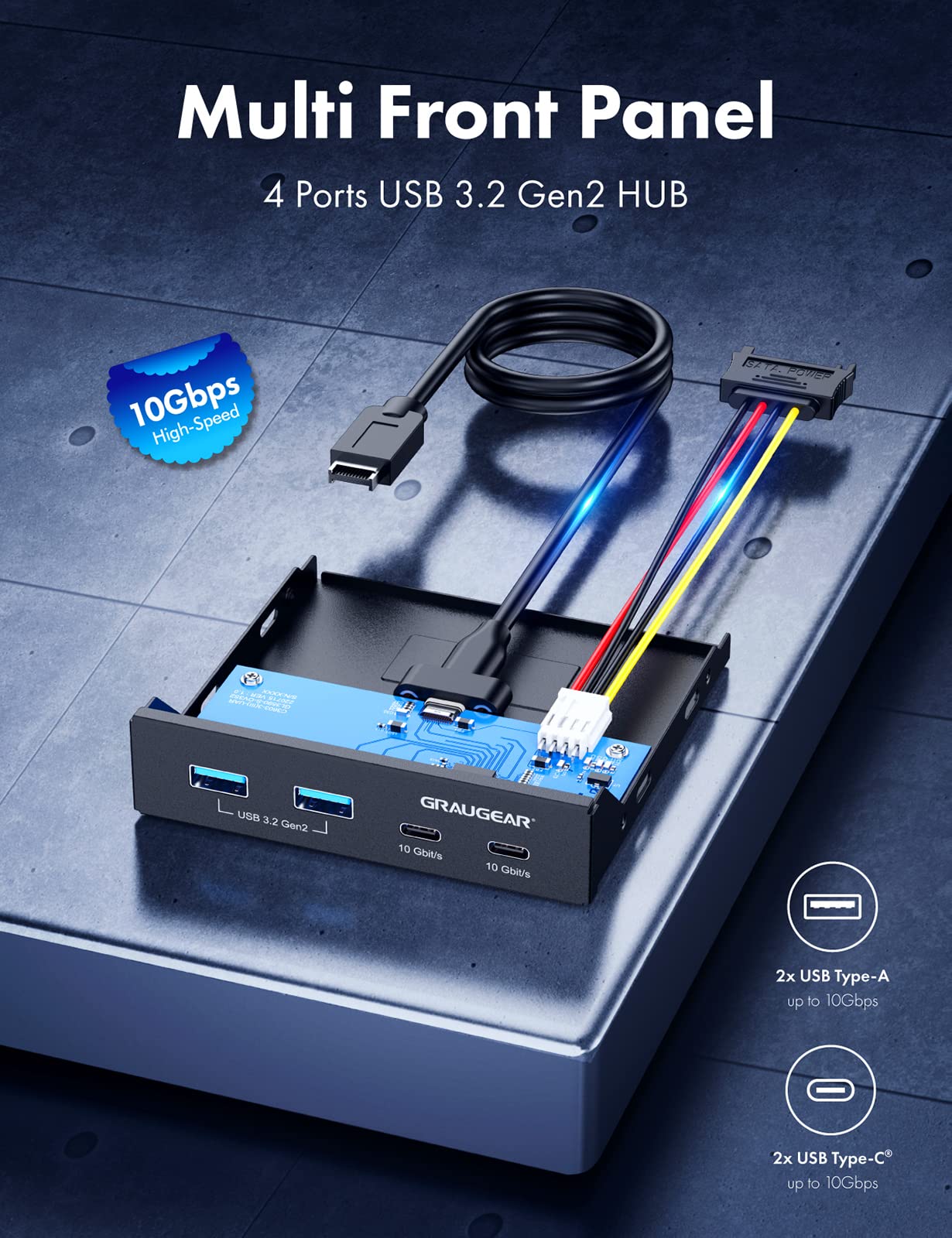 Graugear 3.5 Inch Front Panel Hub, 4 Ports Internal Metal Usb Hub, 2X Usb C 10Gbps And 2X Usb 3.2 Gen 2 Ports, Usb3.2 Type E Key