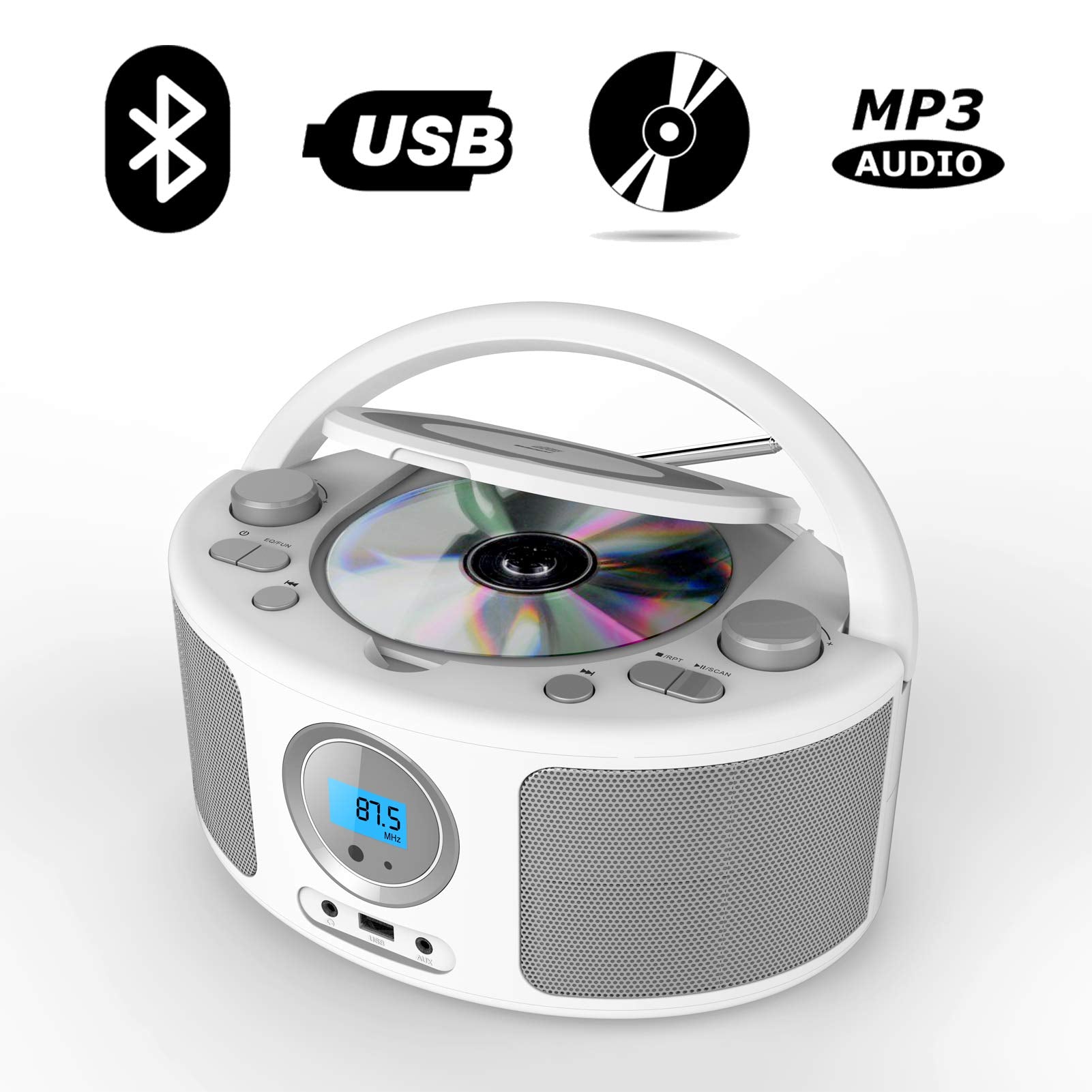 Cd Radio Portable Cd Player Boombox With Bluetooth,Fm Radio,Remote Control,Usb Input And 3.5Mm Aux Headphone Jack,Cd R/Cd Rw/Mp3