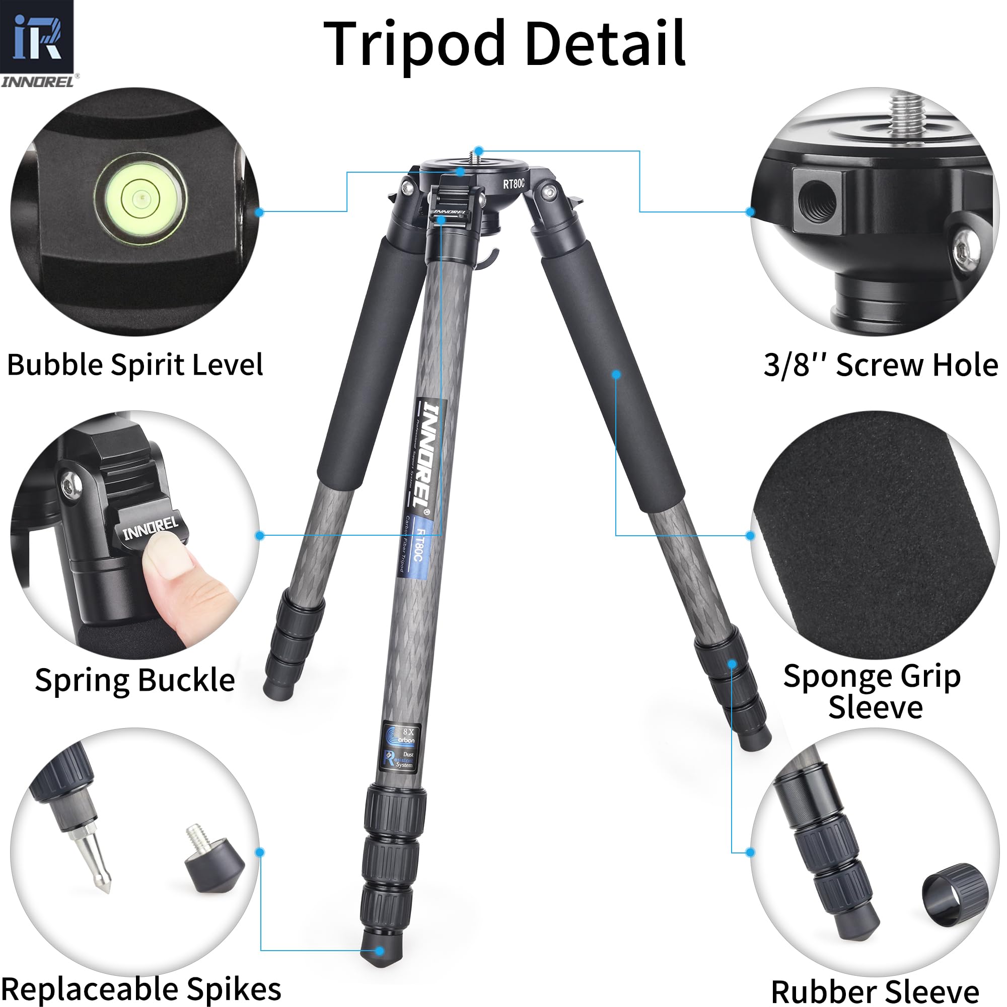 Innorel Rt80C Carbon Fiber Tripod Professional Birdwatching Heavy Duty Camera 20Kg Max Load Bowl Tripod Birdwatching Camera Stand (Max Tube 32Mm, Tripod + Bowl Adapter)
