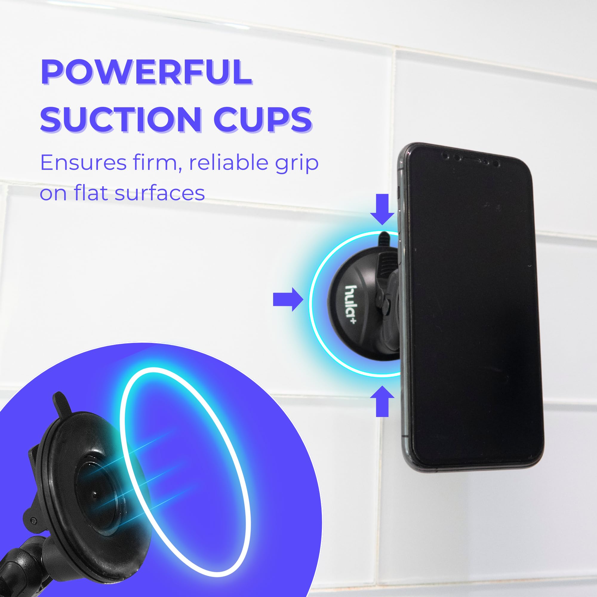 Hula+ Phone Holder Portable Mount, Reusable Stand For Shower, Mirror, Kitchen, Window, & Bathroom, Adjustable Rotation For Conte