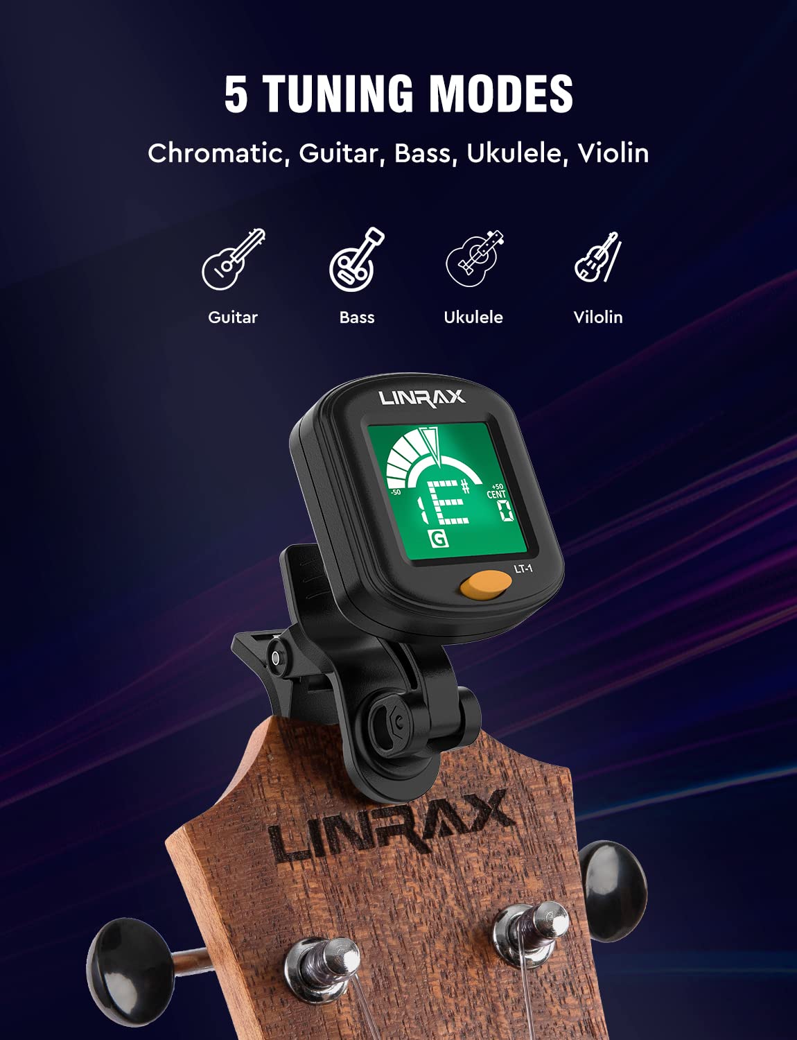 Linrax Lt-1 Guitar Tuner, Clip On Tuner For Guitar Bass Ukulele Violin Viola Banjo Mandolin, Chromatic Tuner With 360 Lcd Displa