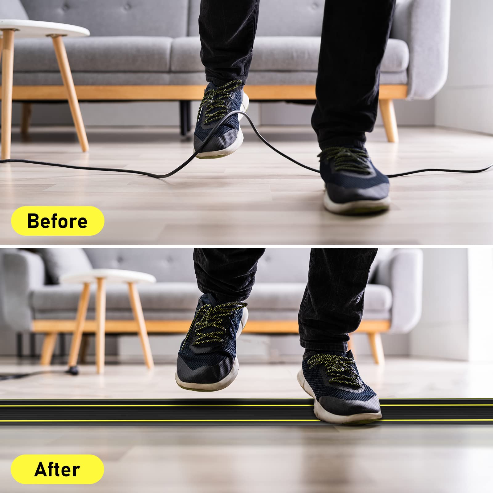 Floor Cord Cover, 6.5 Ft Floor Cable Cover Heavy Duty Rubber Cable Protector 3 Channels Cable Management Extension Cord Cover Hi