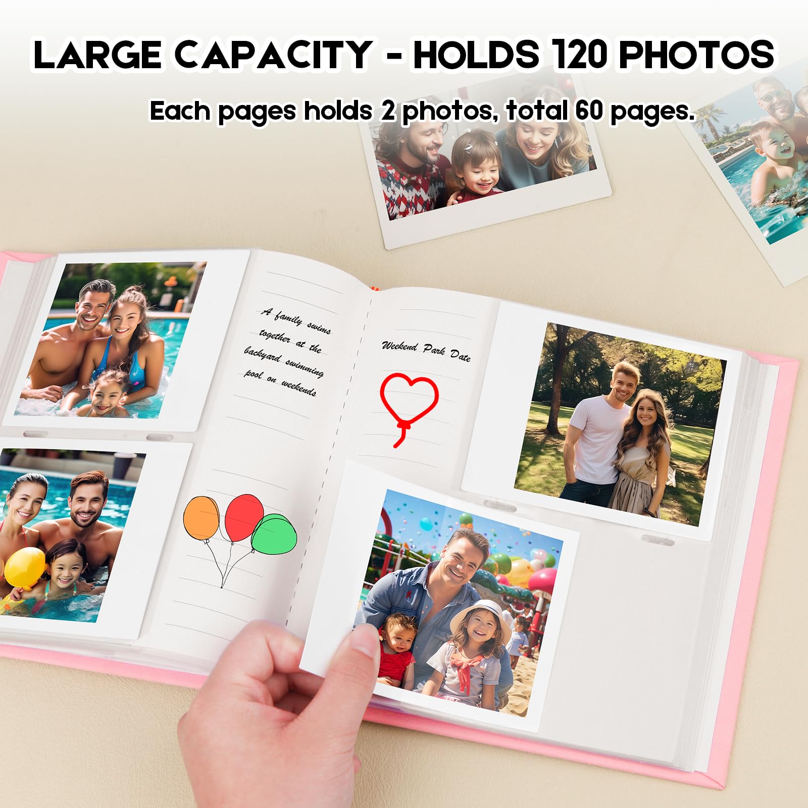 Photo Album For Fujifilm Instax Wide 300 Camera,120 Pockets Photo Album With Writing Space For Polaroid, Extra Large Picture Albums For Polaroid Now Onestep2 Onestep+ Instant Camera (Pink)