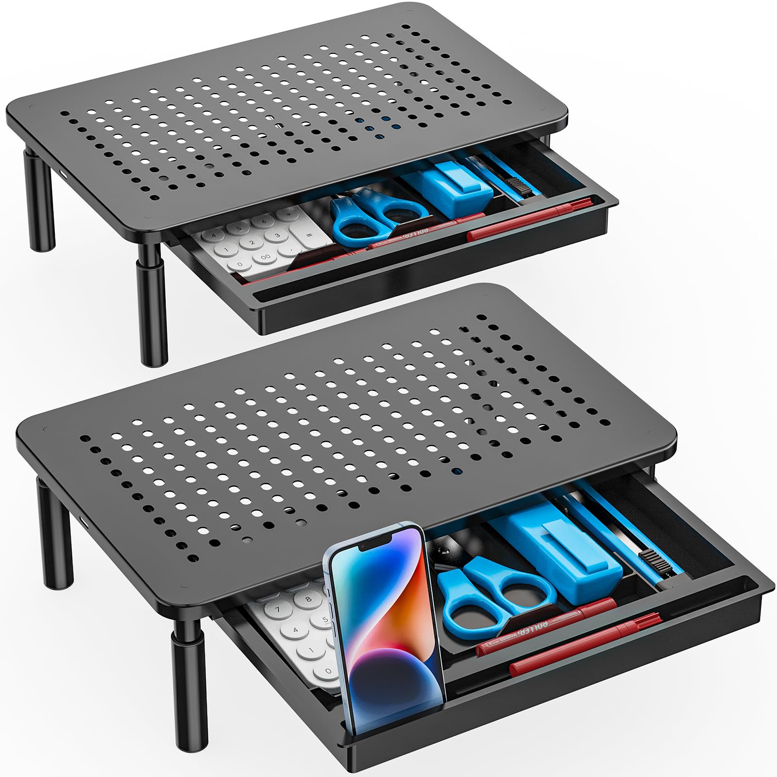 WALI Dual Monitor Stand with Storage, Desk Monitor Riser 3 Height Adjustable, Laptop Riser with Airflow Vents, Desk Organizer for Computer, Laptop, Printer, Notebook (STT003D 2B), 2 Pack, Black