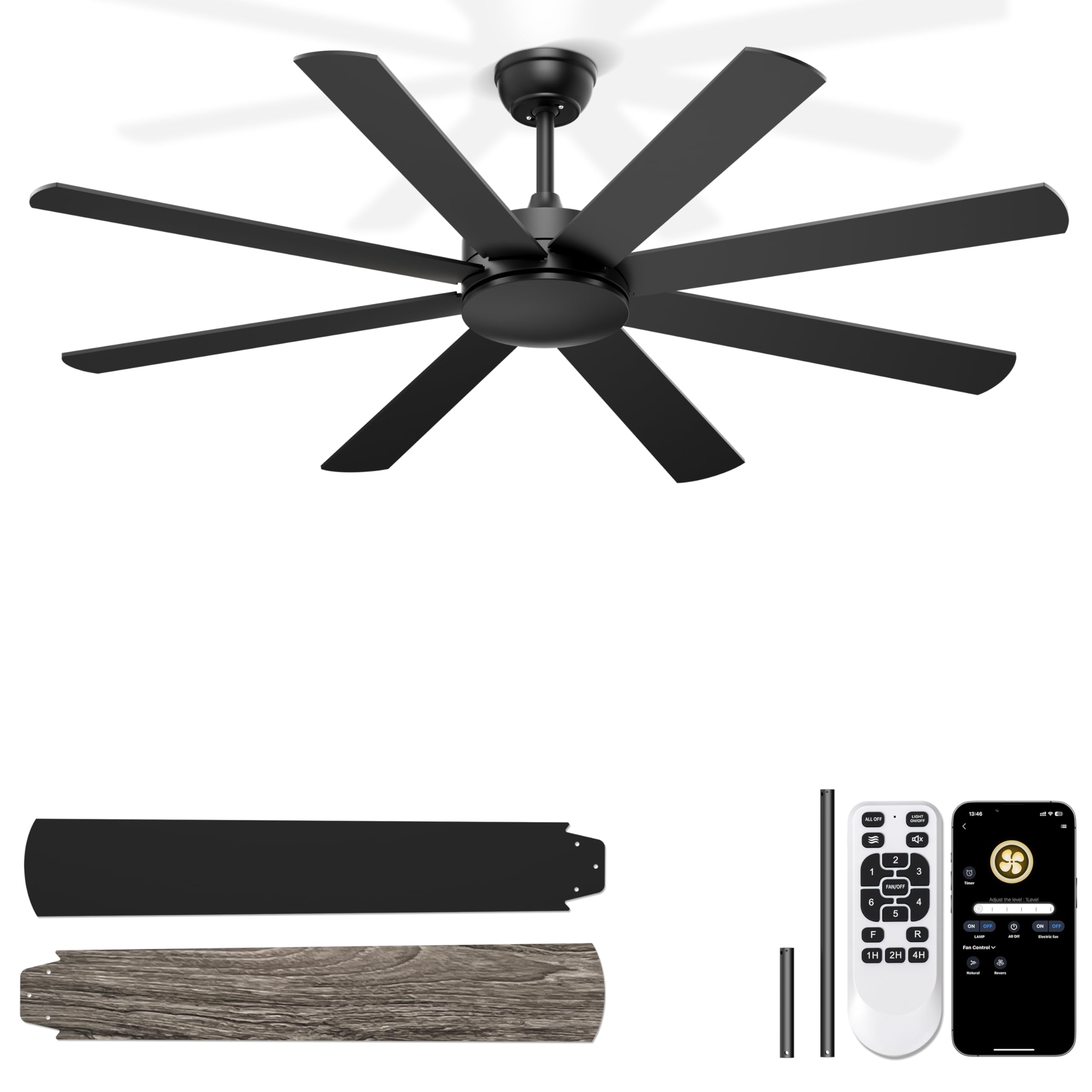 Phylluz 60 Ceiling Fans No Lights - Modern Black Ceiling Fan Remote/APP Control, Quiet DC Motor Ceiling Fan for Garage Covered