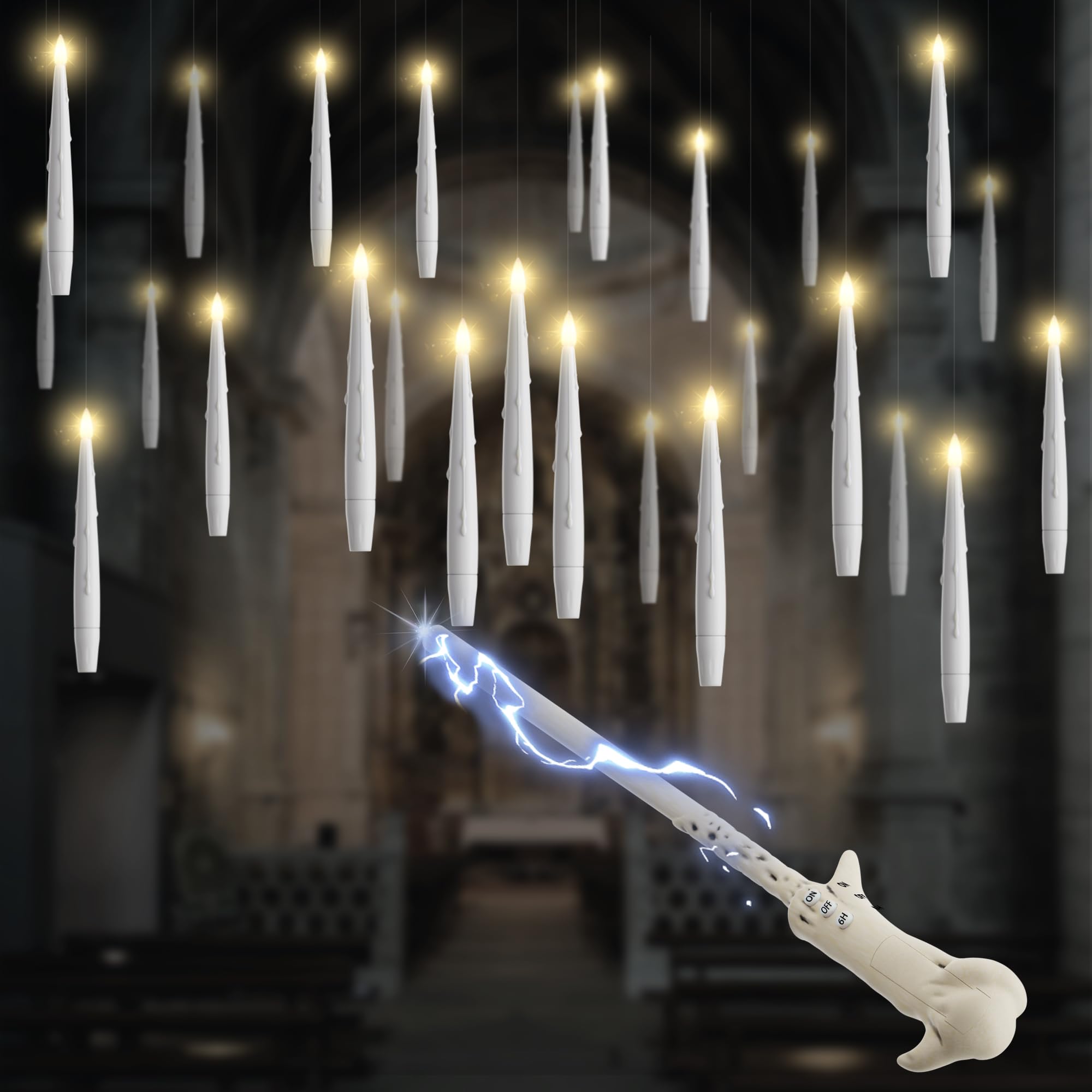 Joione Floating Candles With Wand, 12 Pack Halloween Flameless Candles Magic Hanging Taper Candles With Wand Remote, Battery Ope