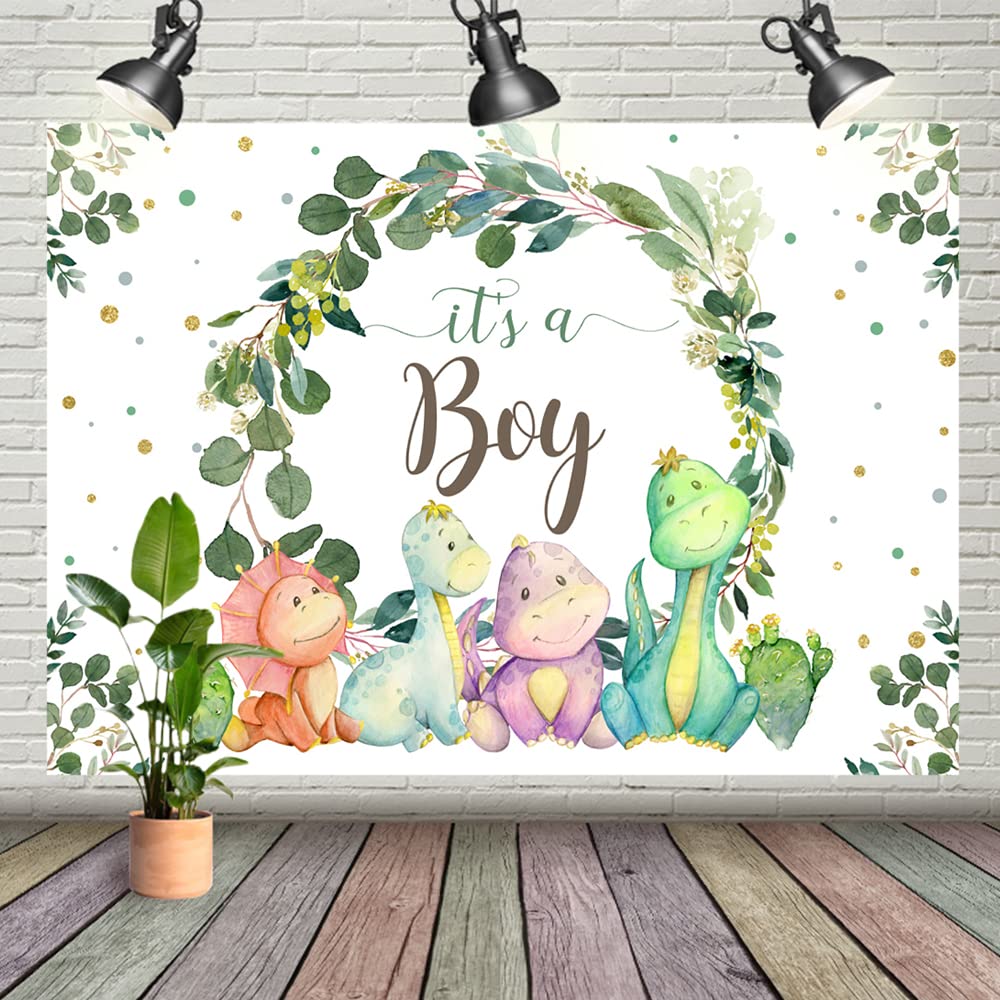 7X5Ft It'S A Boy Backdrop Baby Shower Cartoon Dinosaur Cactus And Eucalyptus Leaves Photography Background Kids Party Supplies C