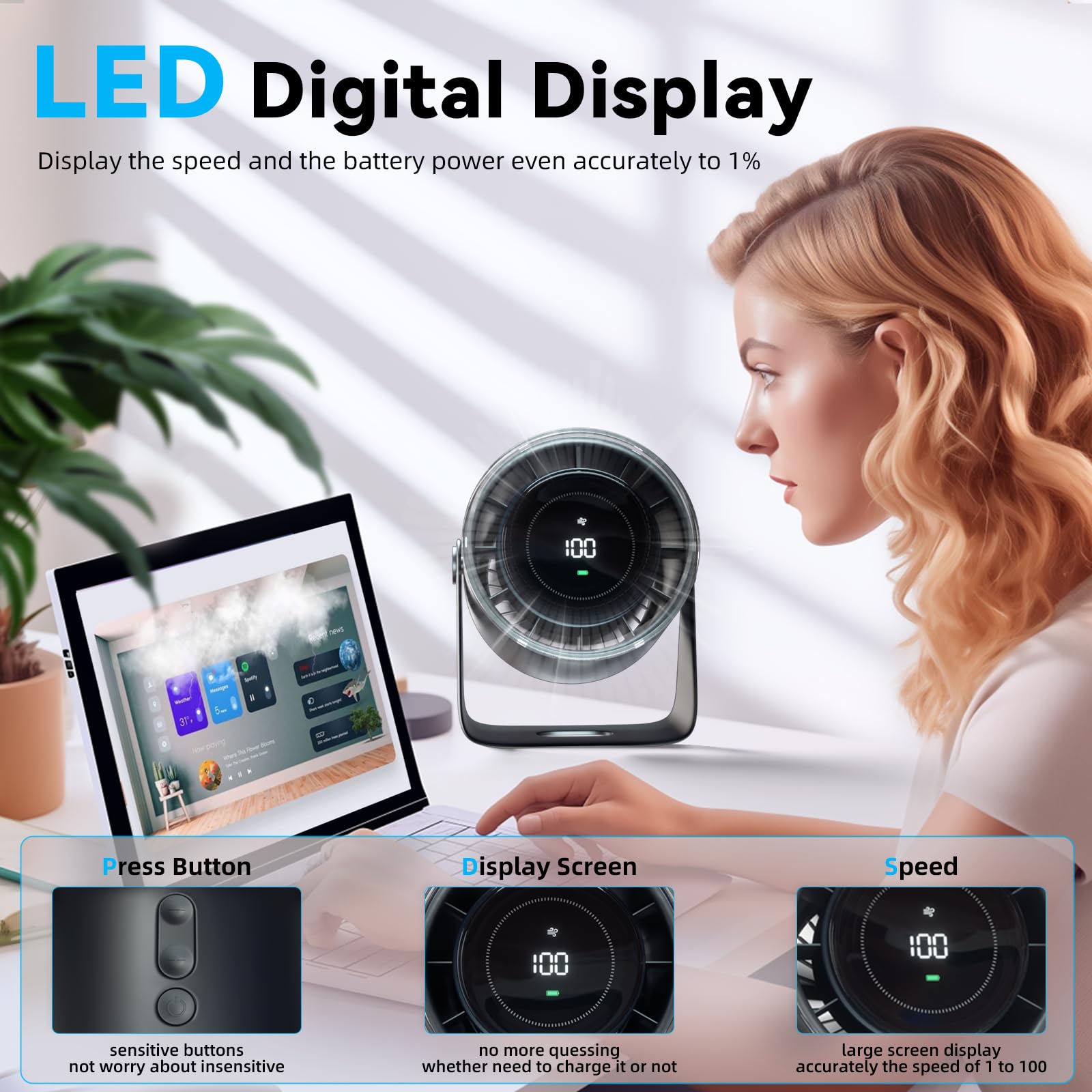 Desk Fan, Strong Airflow 100 Speeds Quiet Digital Display Rechargeable Battery Operated Fan Portable Personal Fan For Office, Be