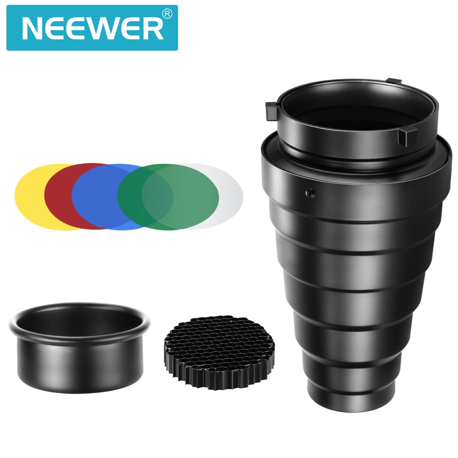 Neewer Medium Aluminum Alloy Conical Snoot Kit With Honeycomb Grid And 5Pcs Color Gel Filters For Studio Strobe Monolight Photog