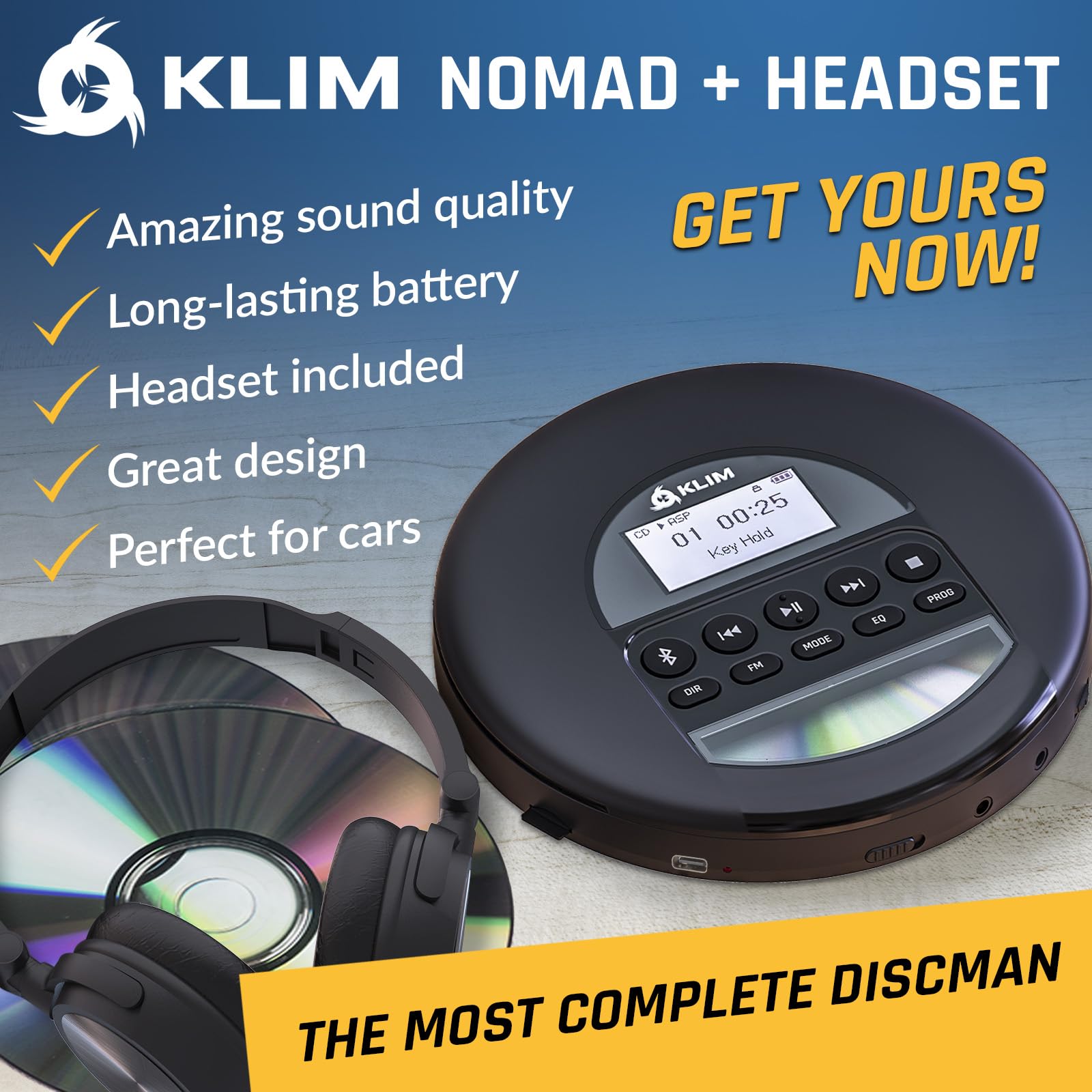Klim Nomad With Headset   New Version   Portable Cd Player Walkman With Long Lasting Battery   Radio Fm   Compatible Mp3 Cd Play