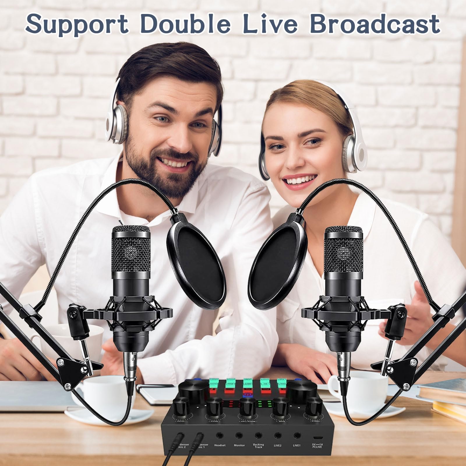 Podcast Equipment Bundle For 2, Alpowl Audio Interface With Cardioid Designer Bm800 Mic For Gamer And All In One Dj Mixer, Perfe