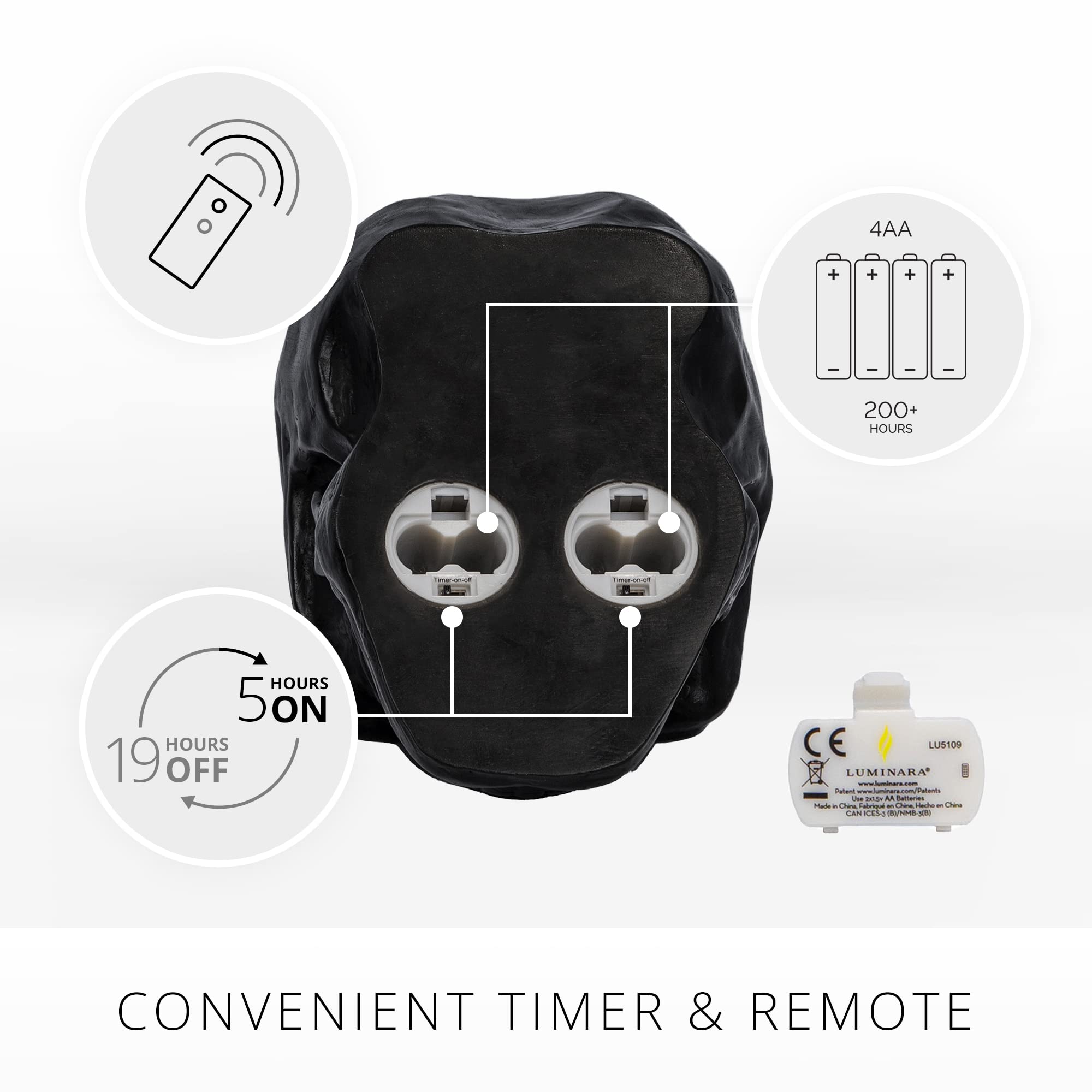 Luminara Flameless Dual Moving Flame Large Skeleton Skull Figural (5.85'' X 7.5'') Real Wax Led Candle, Unscented, Timer   Black