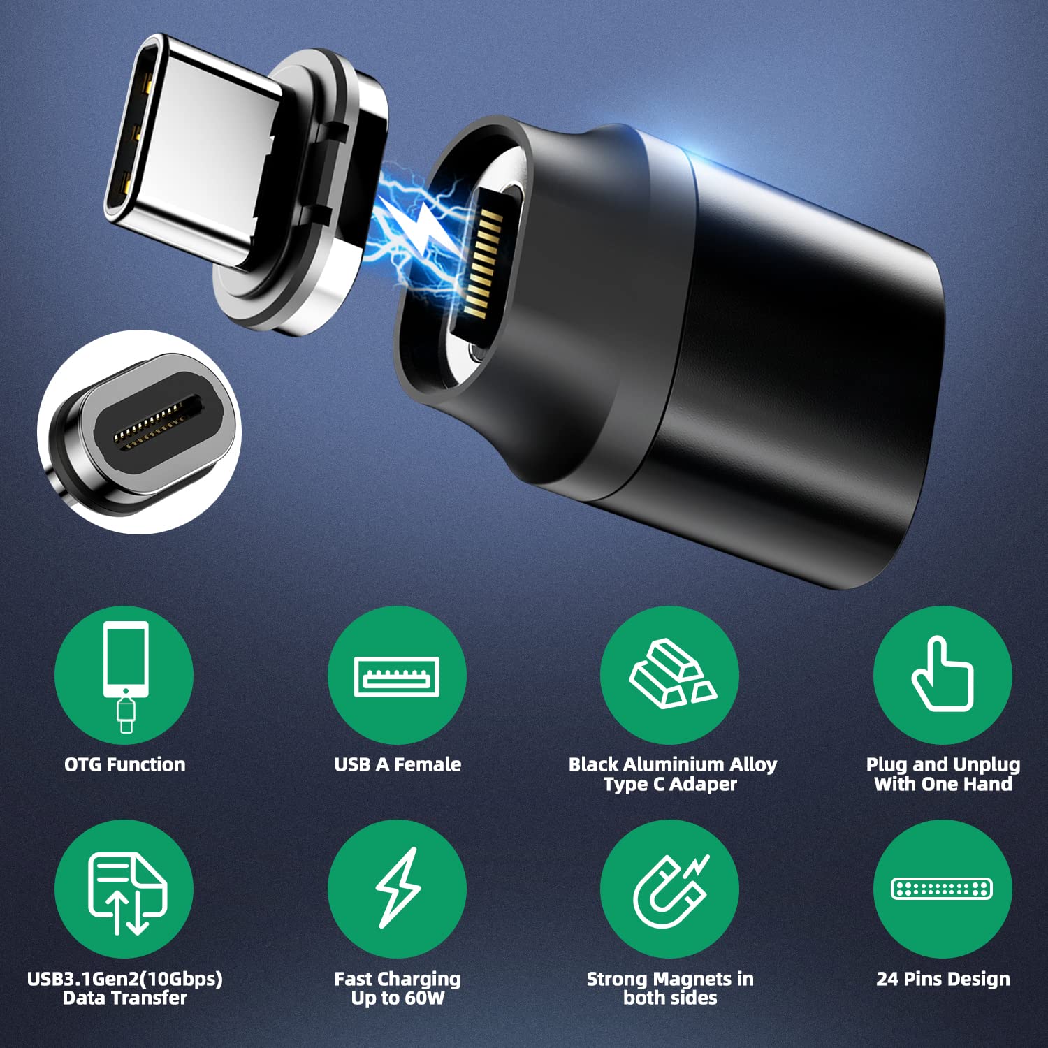 Duhesin Usb C To Usb Magnetic Adapter 24Pins Usb C Male To Usb A Female Adapter 2 Pack With Pd 60W Charge 10Gbps Usb3.1/Usb3.0 For Macbook Pro/Air And More Type C Devices