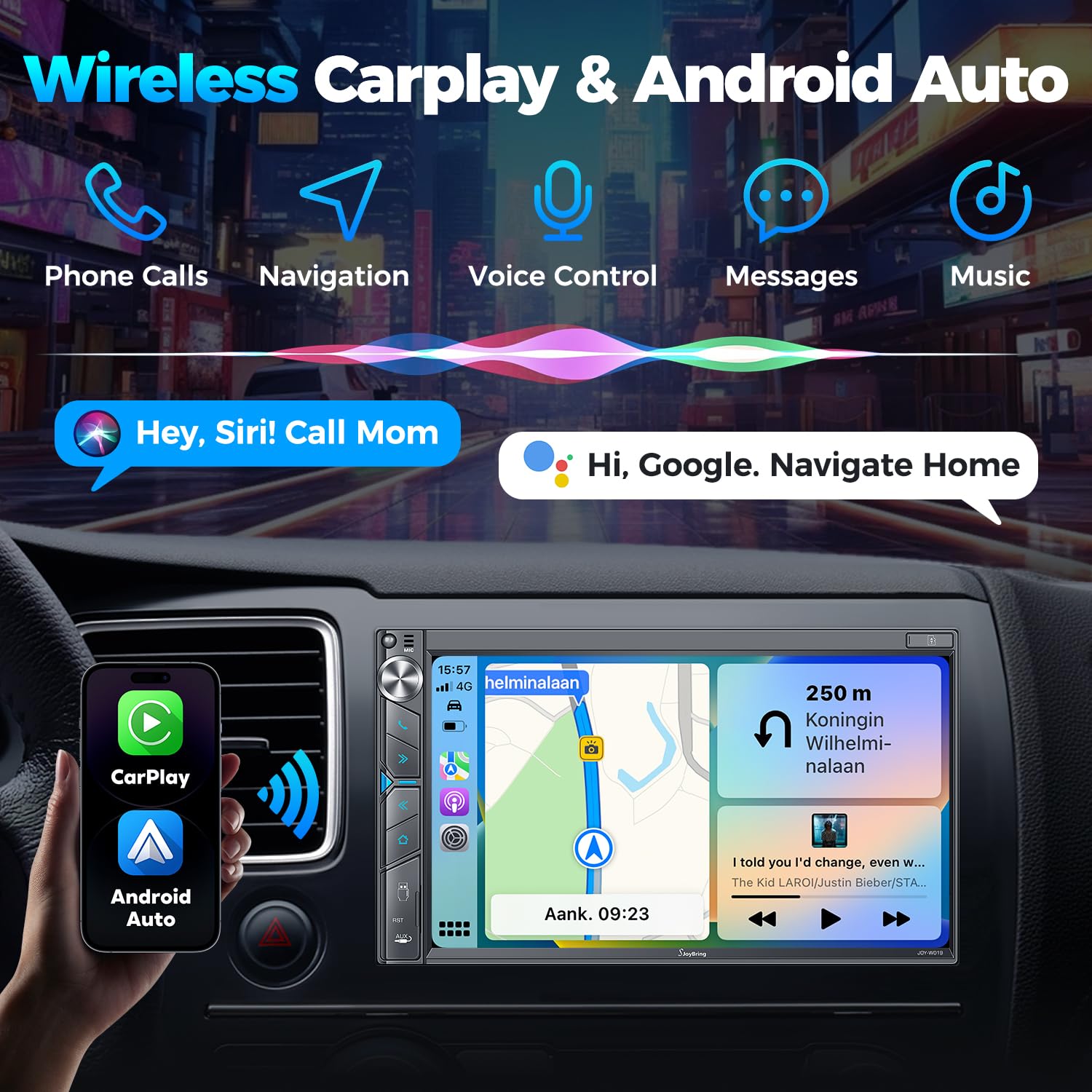Sjoybring Upgrade Wireless Double Din Car Stereo With Apple Carplay, Android Auto, Dash Cam, Bluetooth, 4 Channel Rca, 2 Subwoof