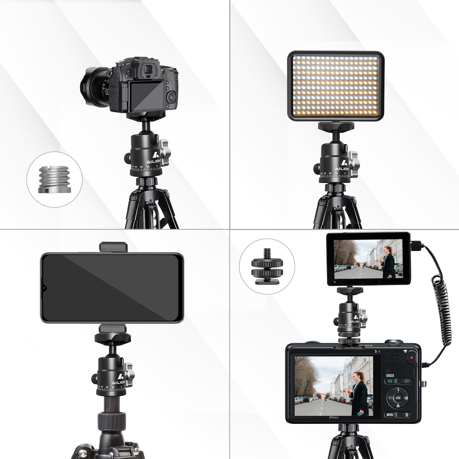 Ailight Mini Ball Head, 360 Panoramic Tripod Head, Universal 1/4'' To 3/8'' Screw Adapter Swivel Ball Head Tripod Mount, Dual Co