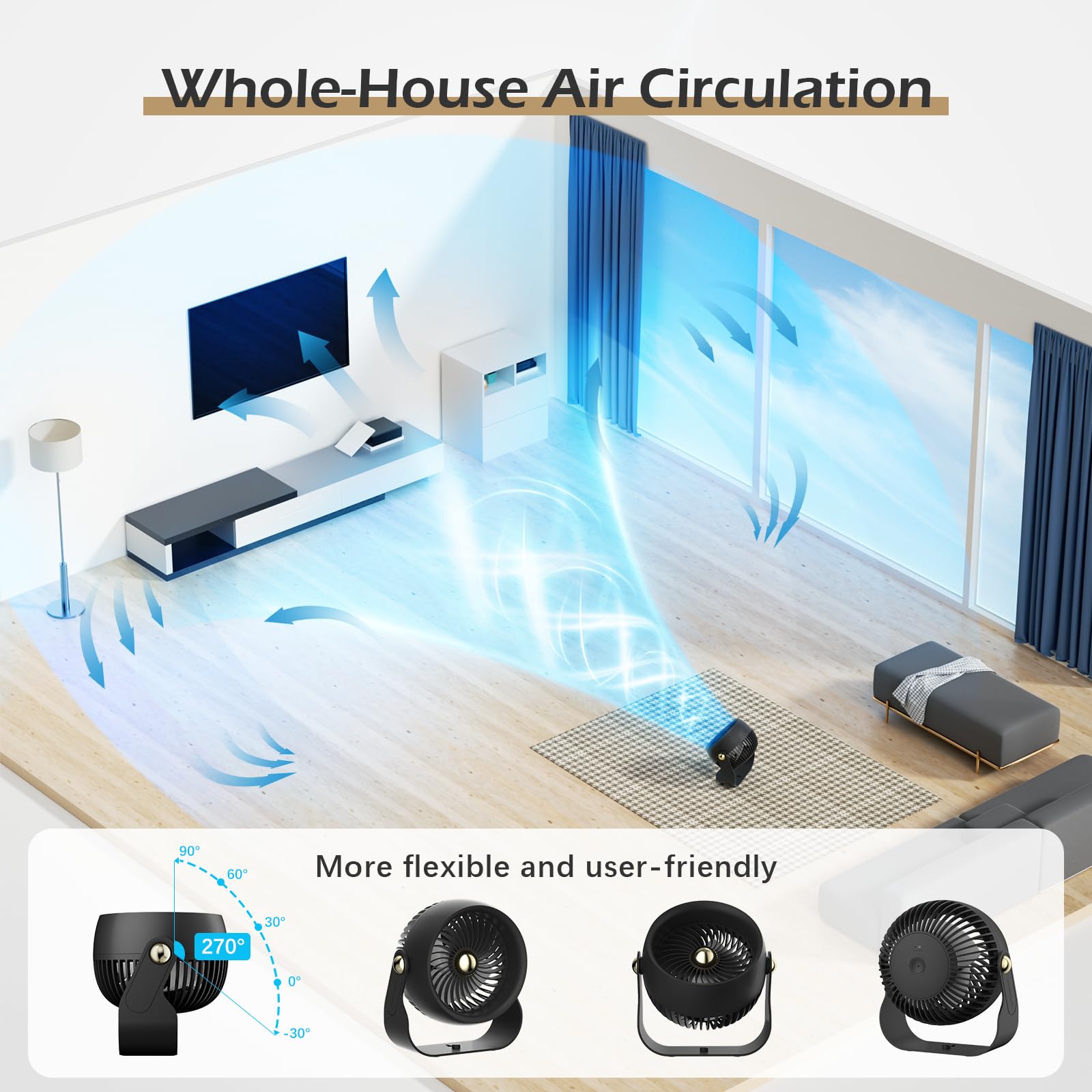 Civpower Air Circulator Desk Fan: Rechargeable Fan With 6000 Mah Battery   4 Speed And Timing   270 Adjustable Quiet Fan For Bed