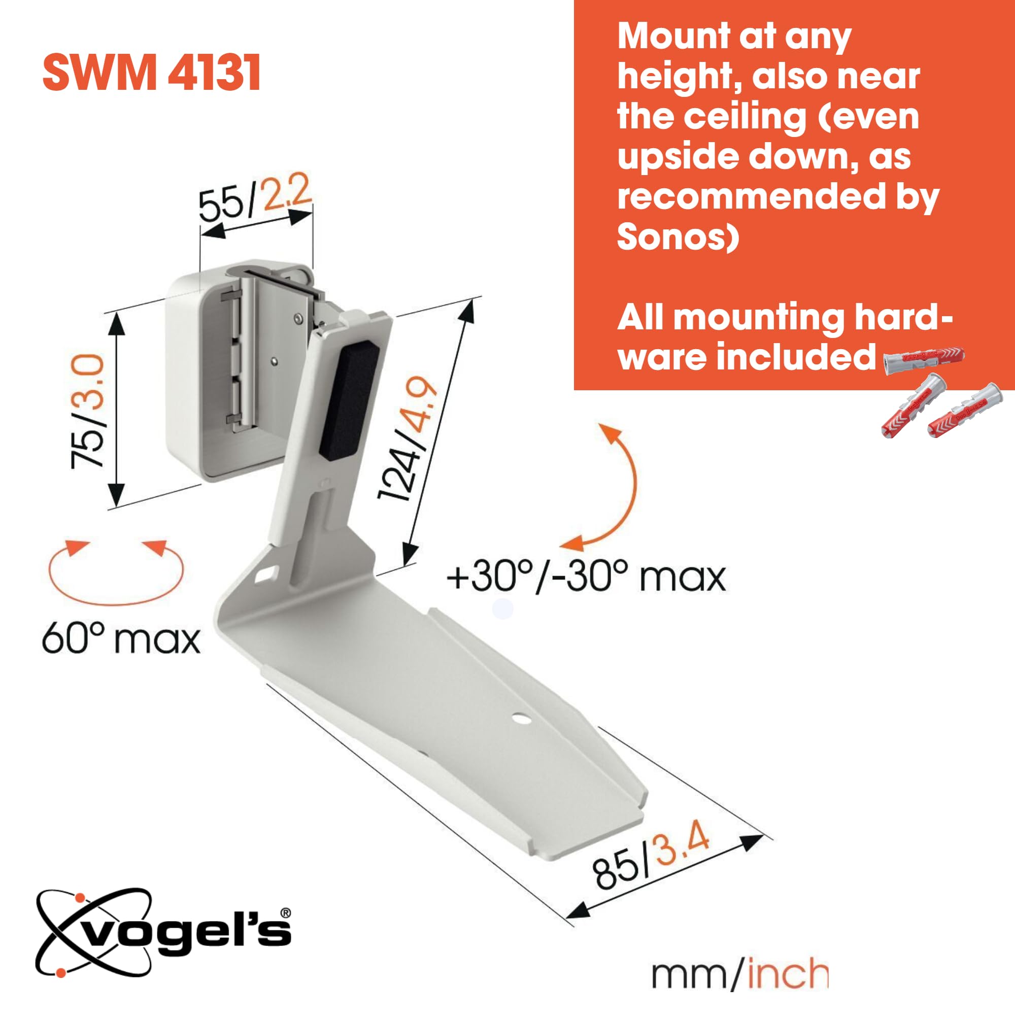 Vogel'S Swm 4131 Speaker Wall Bracket For Sonos Era 300, Max. 11 Lbs (5 Kg), Tiltable  30/+30, Swivels Up To 60 (Left/Right), Wh
