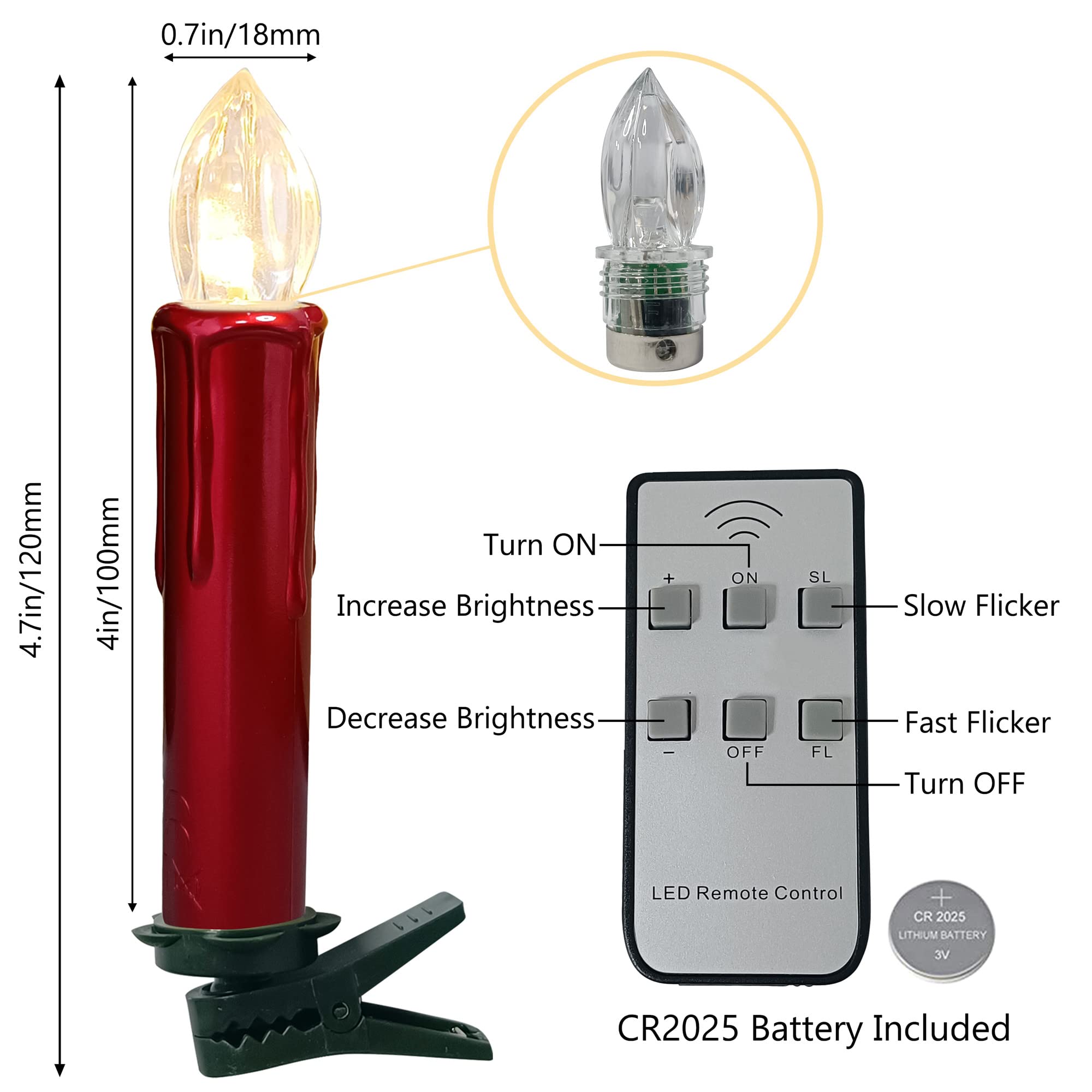 Gedengni Candlesticks Led Taper Candle,Red Remote Led Candle Sticks Battery Operated Chandelier Flameless Candles With Clip,Flic