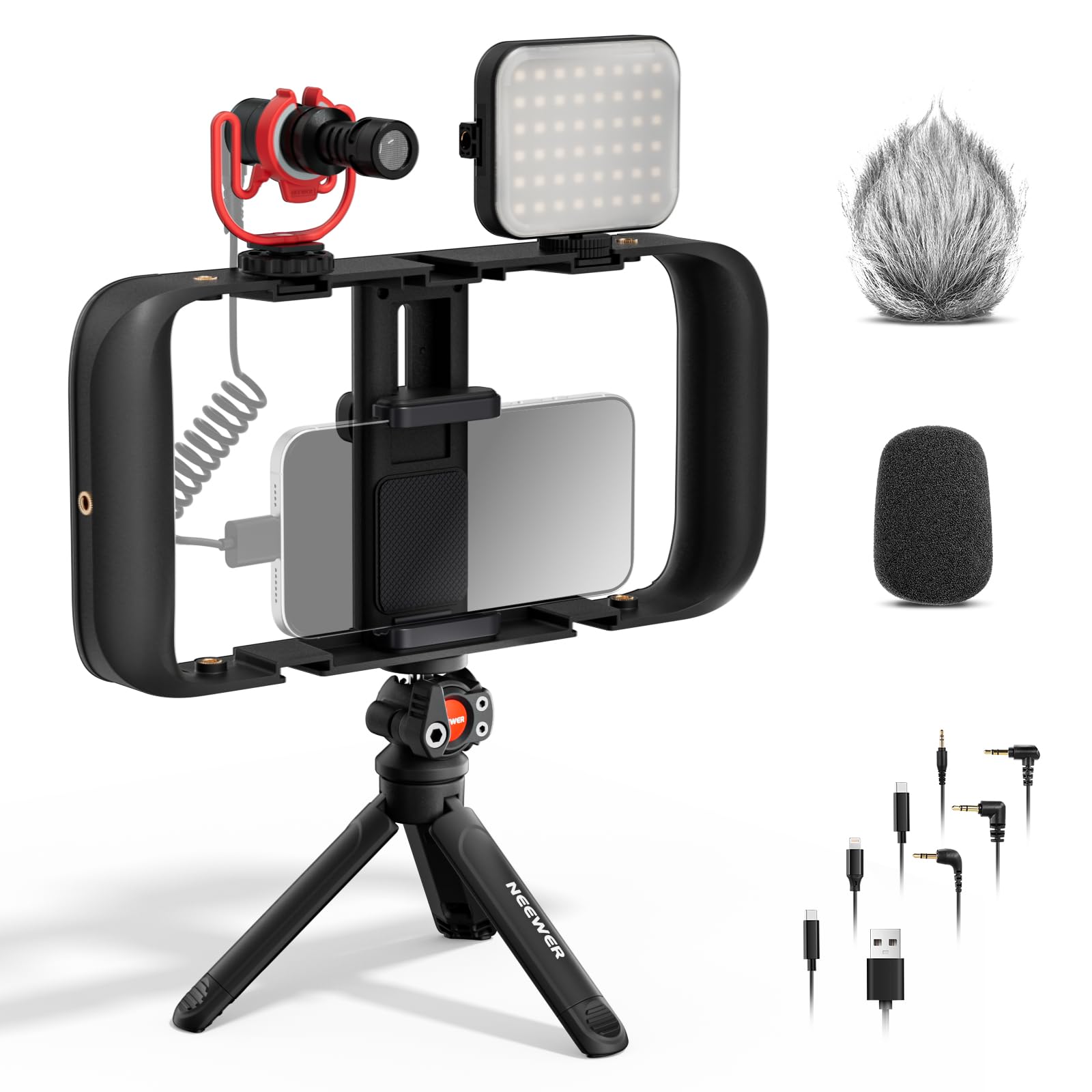 NEEWER Basics Vlogging Kit with Phone Cage Rig Microphone LED Fill Light Tripod Compatible with iPhone, Youtuber Starter Content